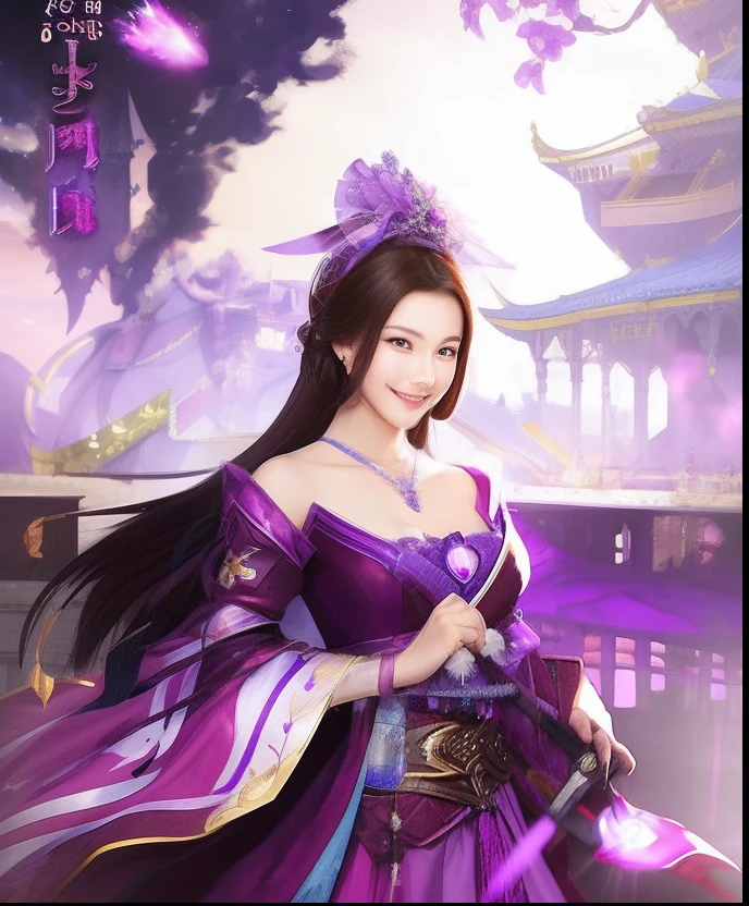 Smiling woman in purple dress holding sword