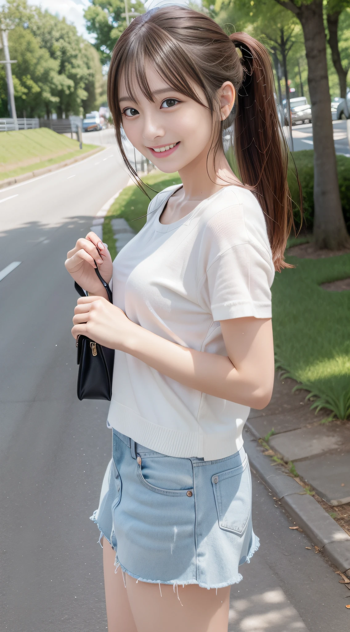 one girls、poneyTail, Country roads, A smile, Brown hair,