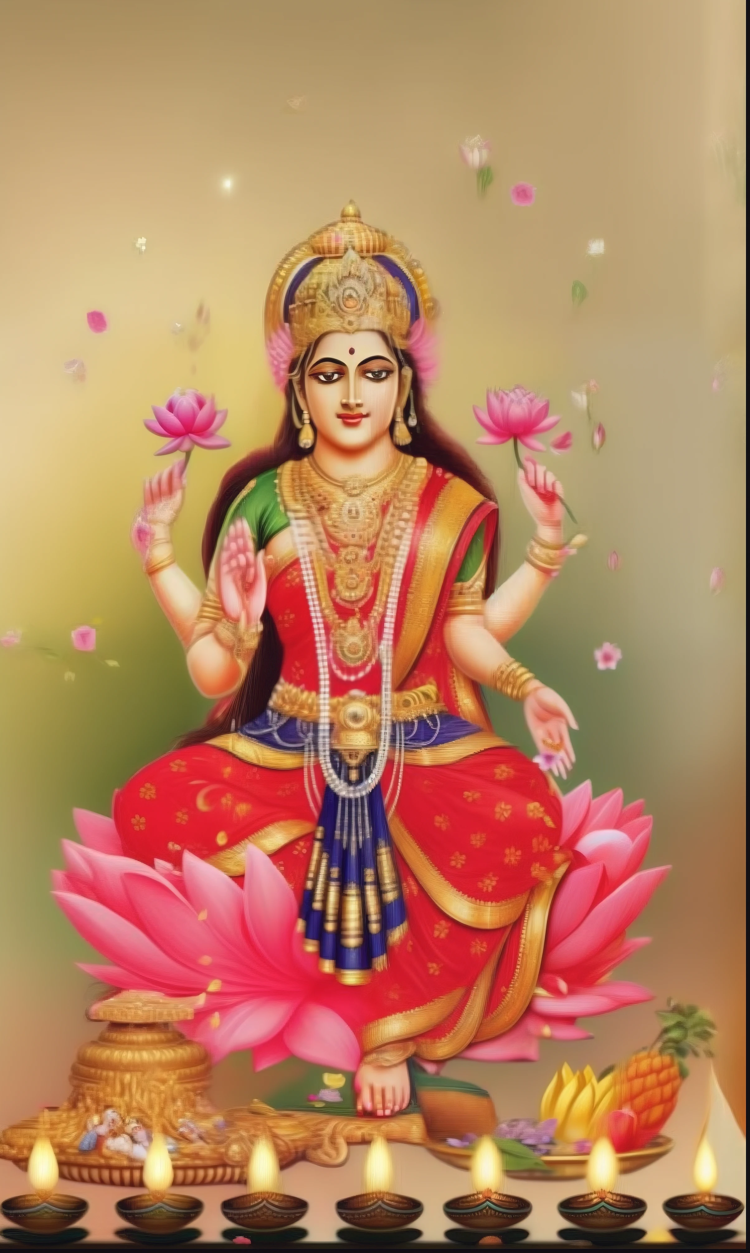 a statue of a woman sitting on top of a flower, indian goddess of wealth, indian god, divine goddess, indian goddess, hindu god, goddess of love and peace, standing gracefully upon a lotus, godess, hindu aesthetic, 😃😀😄☺🙃😉😗, hindu art, with lotus flowers, female lord of change, beautiful goddess, female goddess 8k, ultra HD smile sweet beautiful, queen realistic face