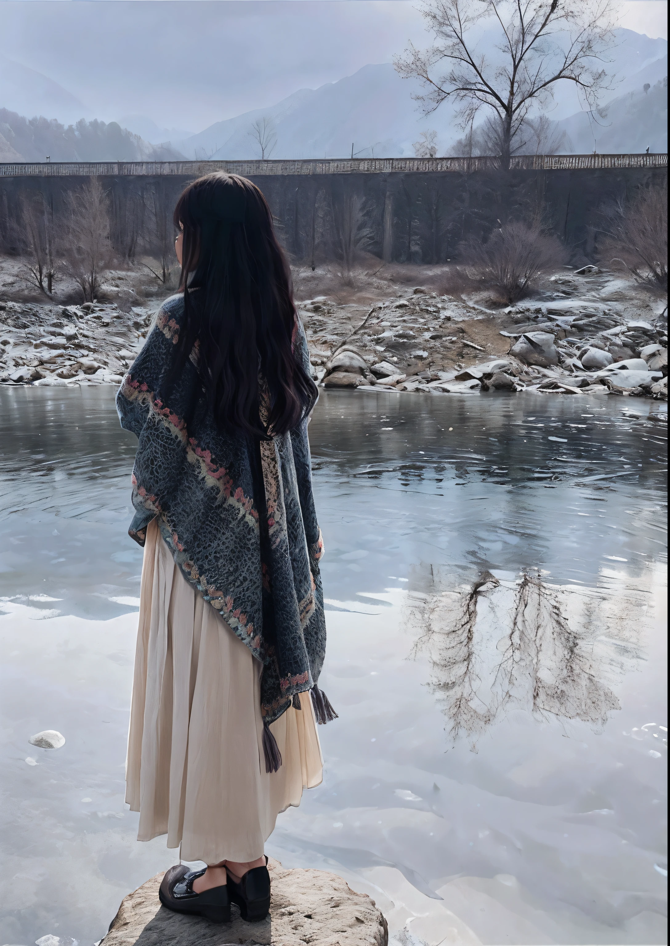 Araved woman holding blanket standing on a rock by the river, she is walking on a river, Long hair shawl, beside a river, standing next to water, Shawl, inspired by Kim Tschang Yeul, in an icy river, next to a small river, inspired by Lü Ji, near a river, Bohemian poncho and maxi dress