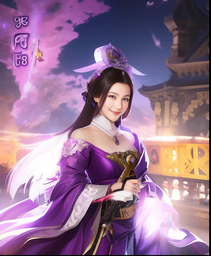 Smiling woman in purple dress holding sword