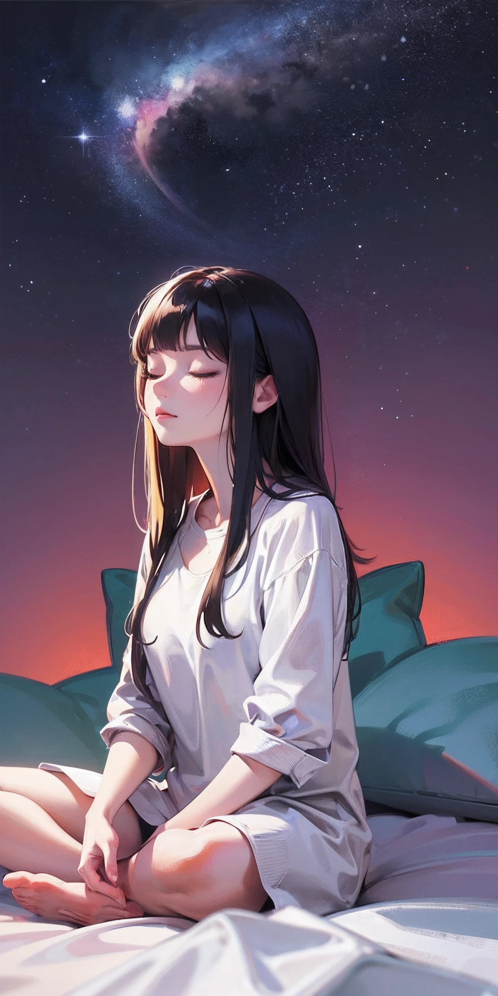 woman sitting on her bed and meditating with closed eyes, night sky, illustration, highly detailed vector illustration, simple, smooth and clean, no jagged lines, realistic, smooth, station art, 3D, HD --auto --s2