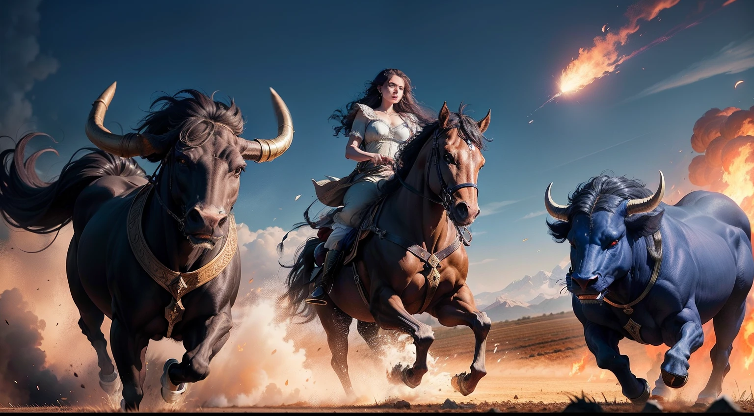 Jason watches in awe as Medea commands the blazing bulls to plow the field with a supernatural speed.