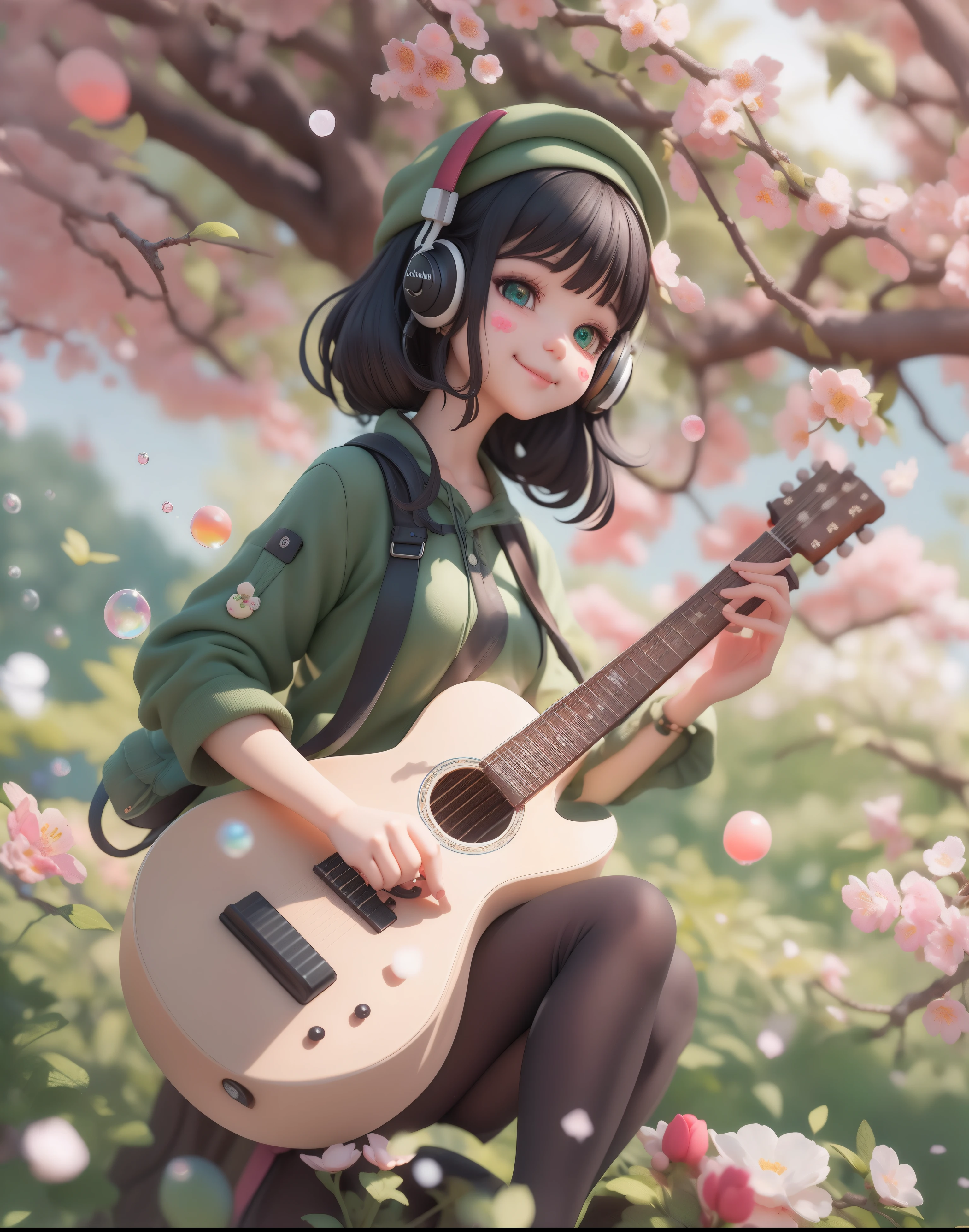 (masterpiece),(best quality),(ultra-detailed), (full body:1.2),
1woman, lofi, beautiful, smile,
flower, outdoors, playing guitar, music, beret, holding guitar, blush, tree, :3, shirt, cherry blossoms, blurry, pony tail black hair, blush stickers, green long sleeves, bangs, headphones, Little soap bubbles flying,
(beautiful detailed face), (beautiful detailed eyes),
