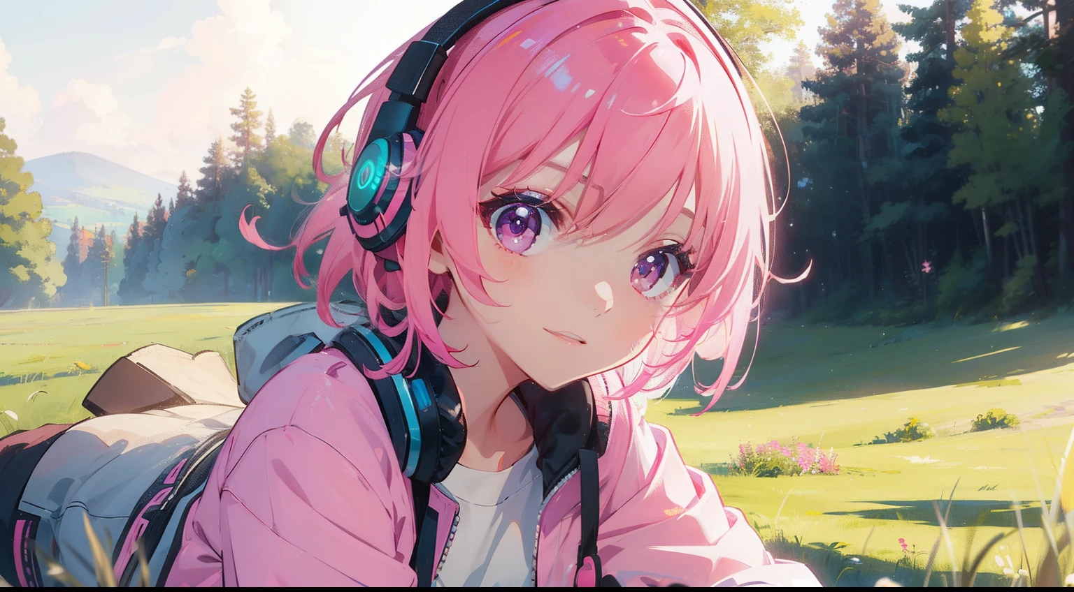 masterpiece、top-quality、Movie stills、1girl in、pink shorth hair、Pink eyes、headphones、jaket、with light glowing、Happiness、Warm and soft lighting、grass field、(Spark:0.7)