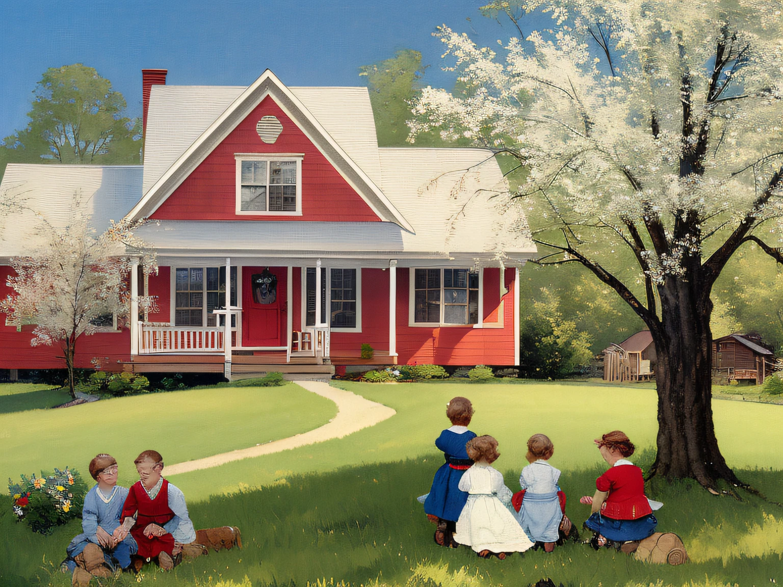 painting of a family sitting in front of a red house, church painting, american scene painting, by Harold Sandys Williamson, by Don Reichert, inspired by Anna Mary Robertson Moses, darrell k sweet, inspired by Norman Rockwell, ( norman rockwell oil painting ), inspired by Grandma Moses, inspired by Edward Hicks, teacher, school class, painting of, norman rockwell painting