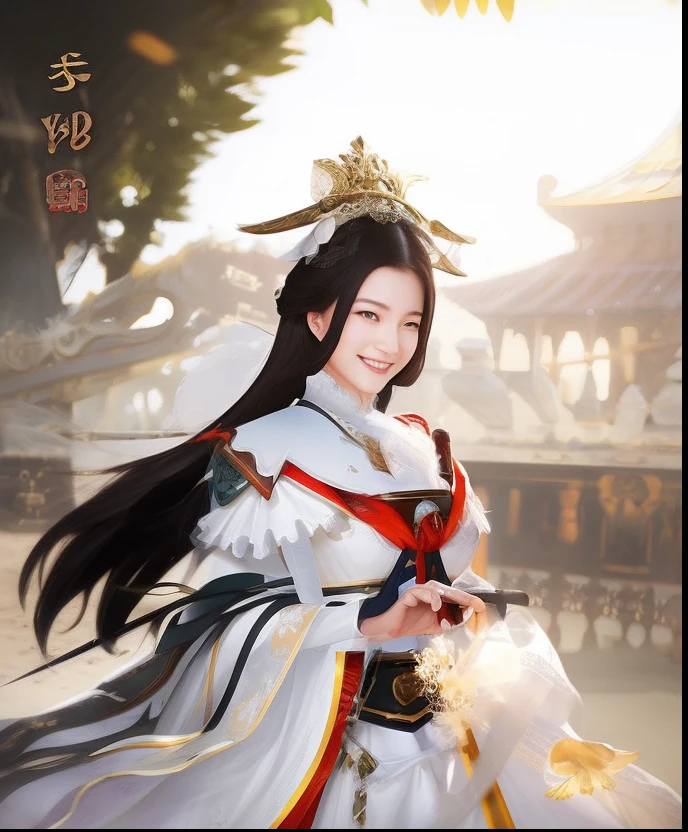 Smiling woman in white dress holding sword