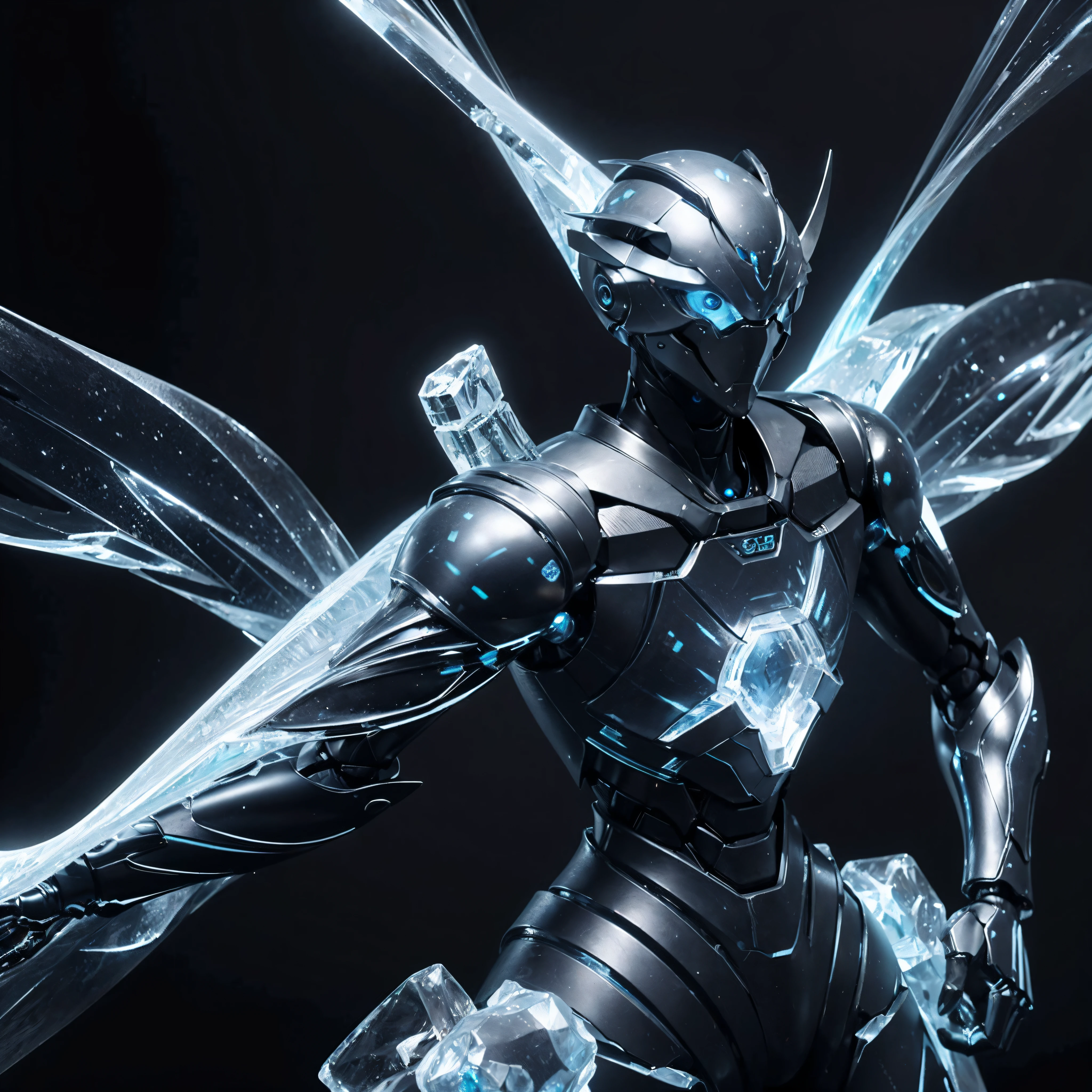 A robot inspired by the blue frozen ice, muscular, glowing eyes, body made of ice, ice curves on the body, holding a mechanical fist, blue ice on the chest, photography style, real landscape, (iced texture: 1.8), (super detail: 2), (super high resolution: 1.6), (carbon fiber: 1.6)