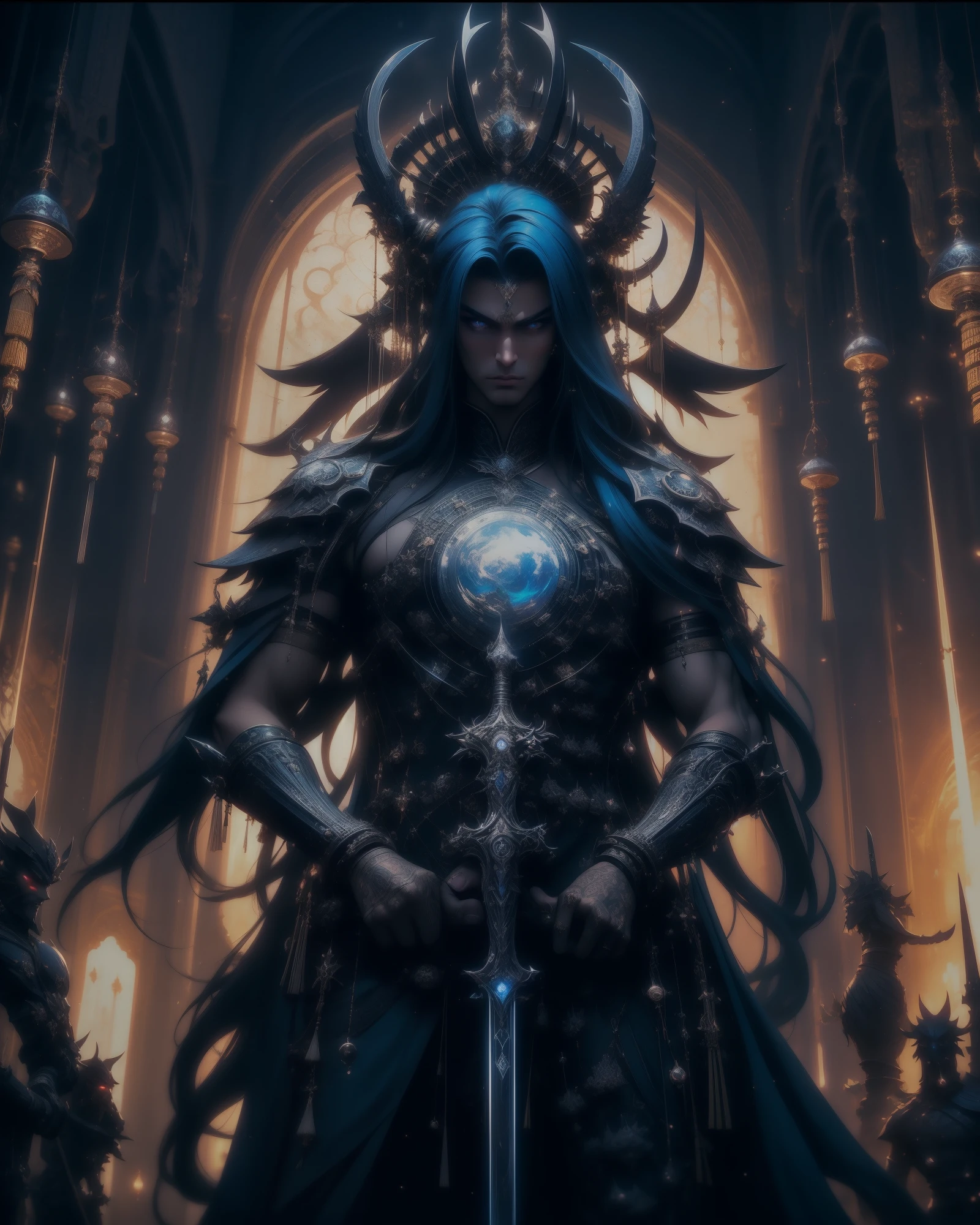 A beauty, Floating in the air, He was surrounded by twenty golden swords，The background is the sky above the city.Unlimited sword system, Tyndall effect, Glow effects, in the style of anime art, Romantic graffiti, Meticulous, Realistic pop music, neo-fauvism, order, 8K,(Ancient Chinese cold weapon_sword1.2).