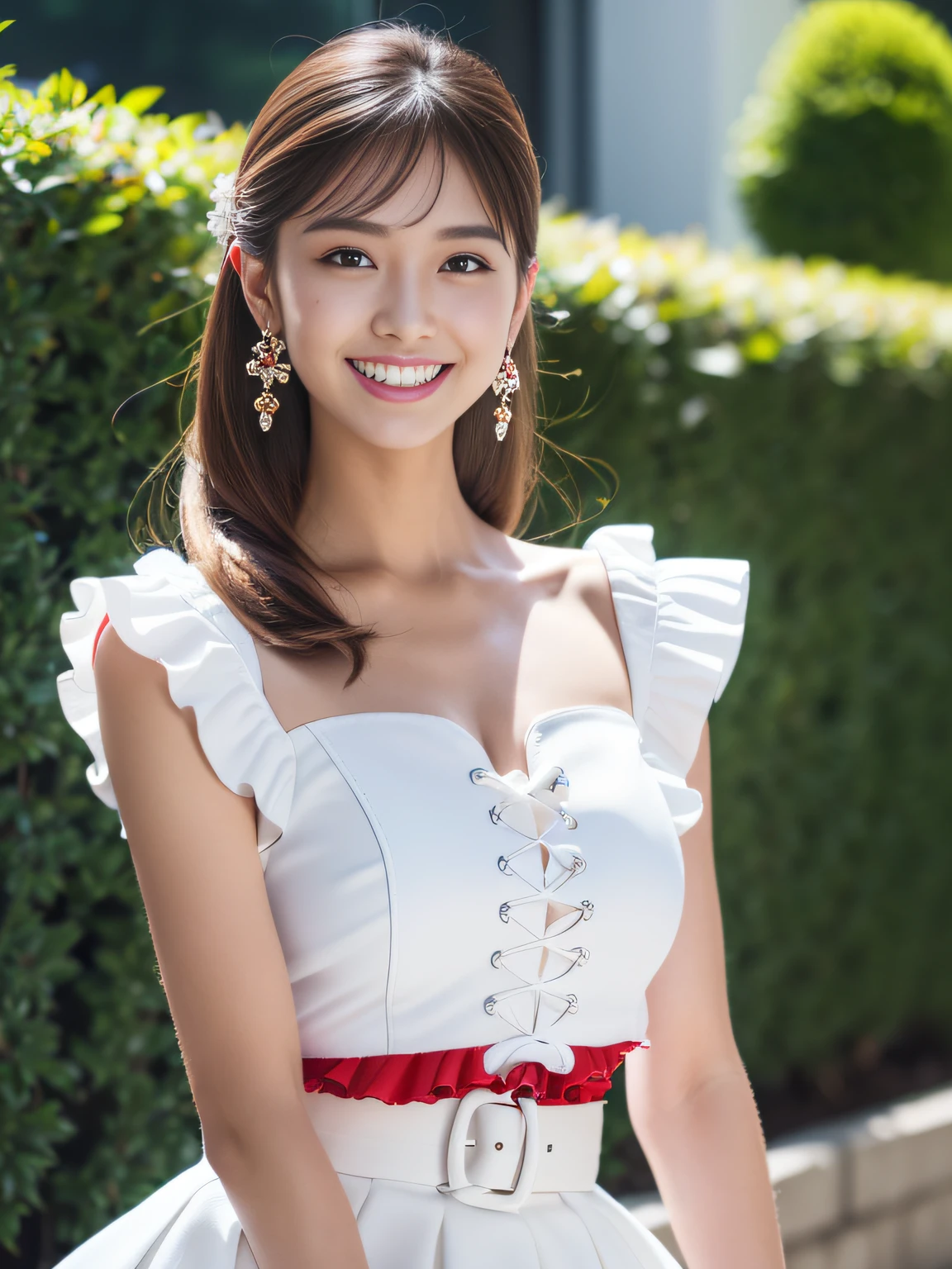 8K、Raw photography、(masuter piece:1.2)、(Photorealsitic:1.2)、(best qualtiy)、((White sleeveless transparent ruffles))、((In a white miniskirt with a floral pattern(Red high heels)Woman standing))、((japanes、20yr old))、Light brown hair in one woman、((full body Esbian))、make - up、Smart body、A smile、Poses variadas、hyperdetailed face、A detailed eye、((No close-ups))、(Red high heels)