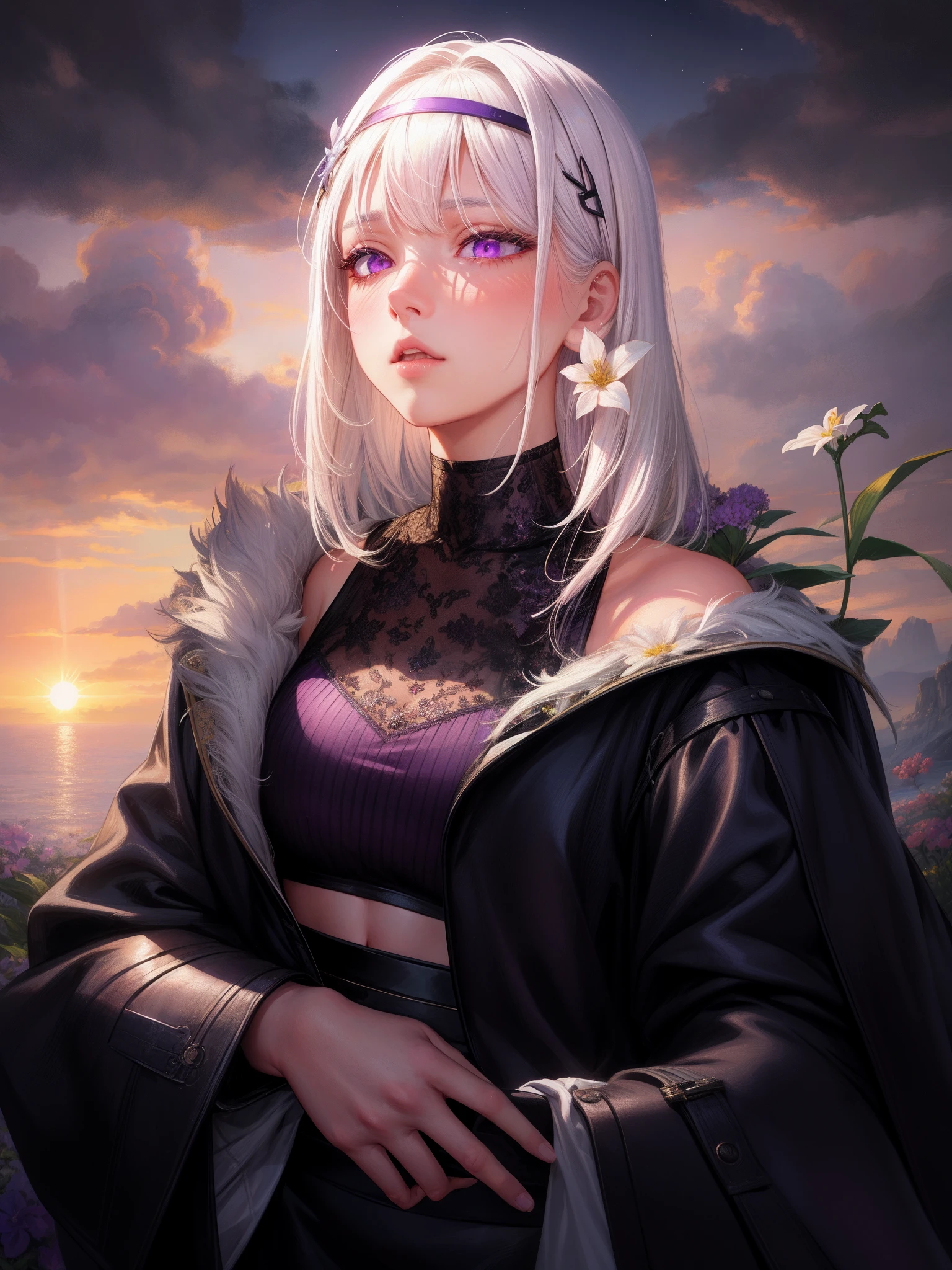 realistic, 1girl, white hair, purple eyes, glowing eyes, crop top, skirt, parted lips, blush, night, flowers, sun, sunlight,