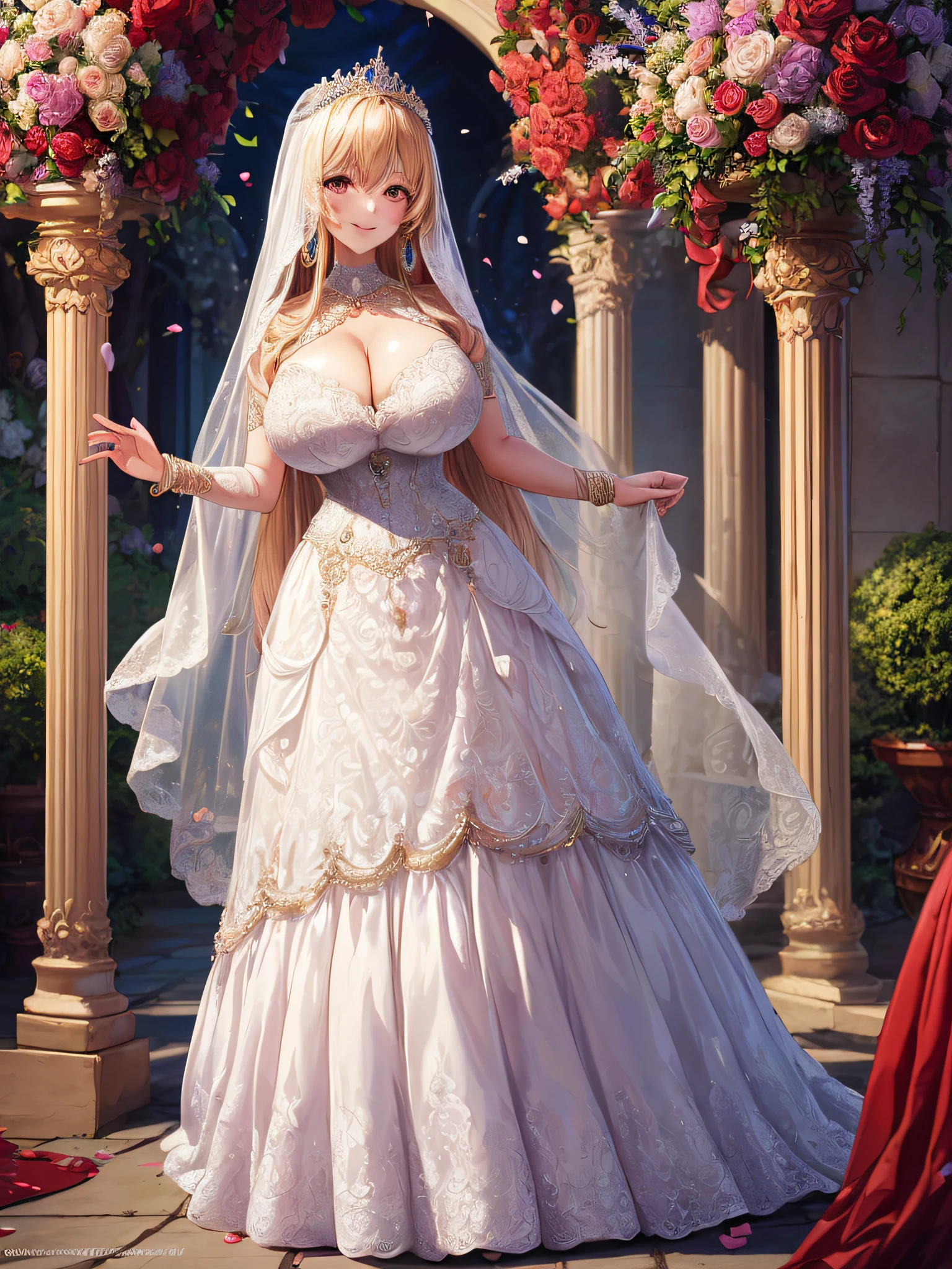 (masterpiece, best quality,anime art style:1.2),1girl, (solo), cute, kawaii,digital art,((1 princess wearing beautiful embroidery and jeweled gorgeous wedding dress with voluminous full length hoop skirt)),crinoline,((voluminous frills)),gorgeous embroidery and beautiful lace,(very gigantic boobs,cleavage,skindentation),((shiny hair,Bangs between eyes,voluminous straight hair,extremely Long straight Hair)),(finely detailed face and eye),smile,extremely gorgeousfull jeweled tiara,((bling-bling gorgeous gemstone jewelry)),long wedding veil,((standing in beautiful garden)),flowers,flower petals flowing,((beautiful embroidery and jeweled gorgeous wedding dress with voluminous full length hoop skirt))