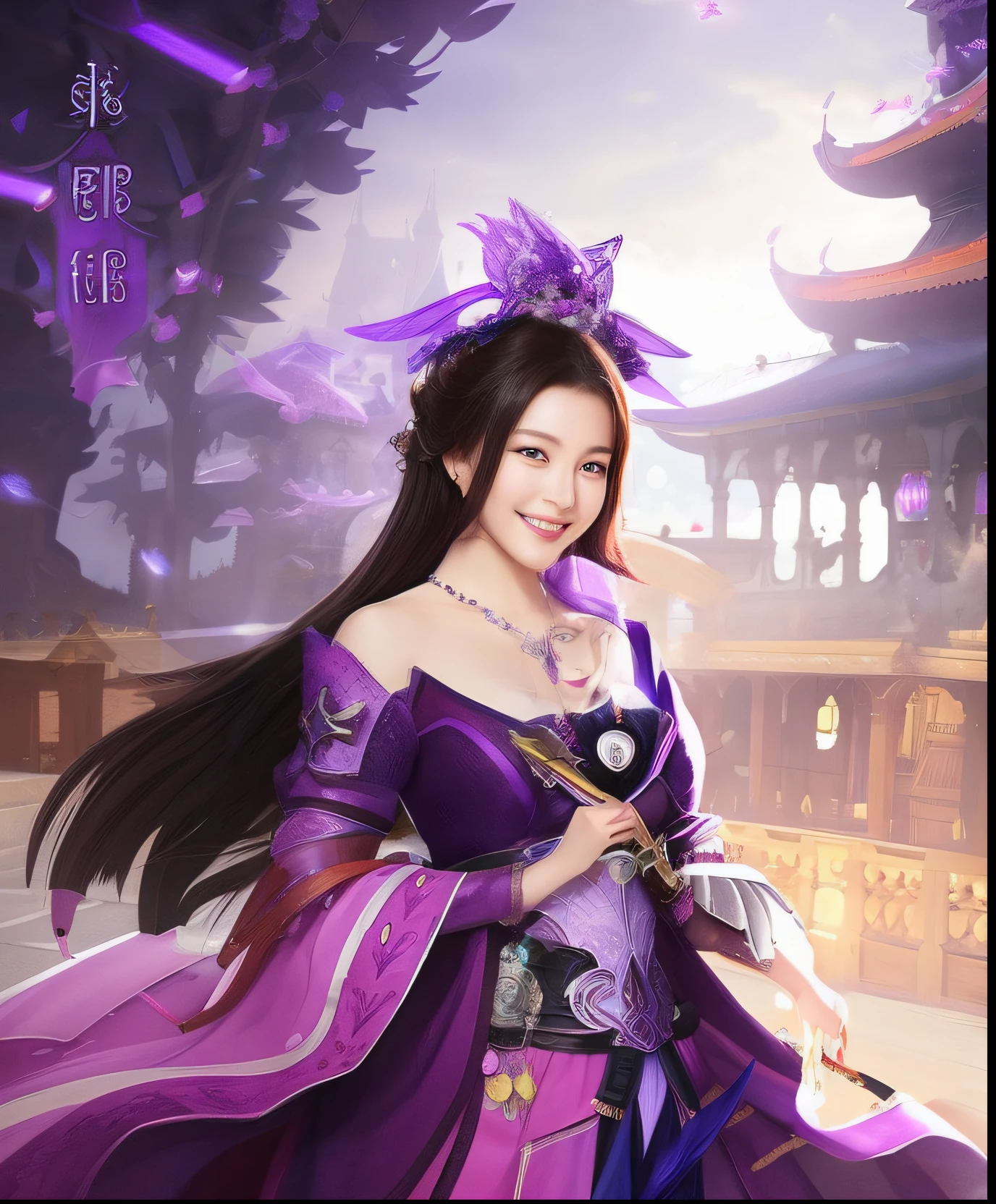 Smiling woman in purple dress holding sword