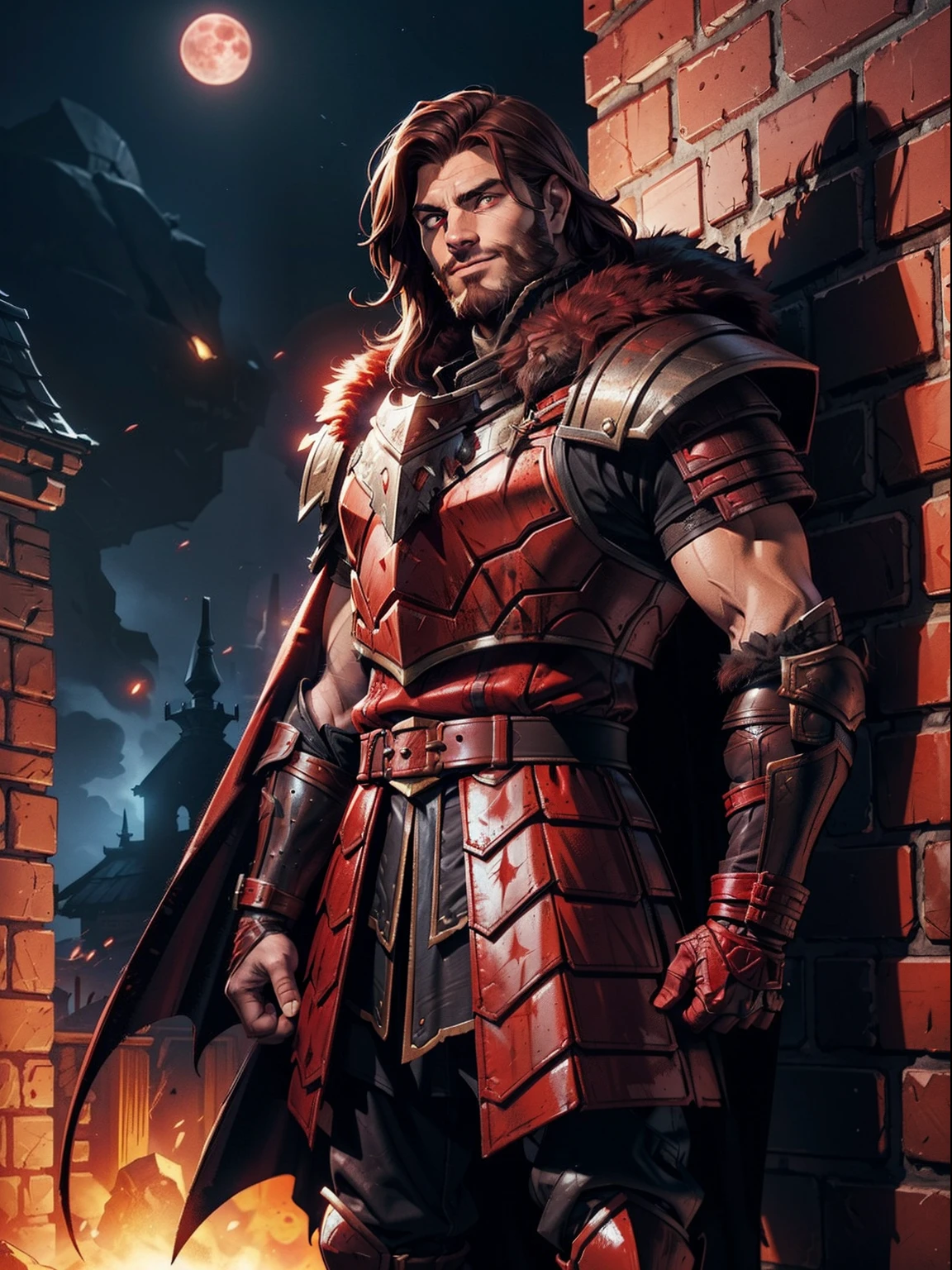 Dark night blood moon background, Darkest Dungeon style, standing by the wall. Todd Smith as Ares from Xena, athlete, short mane hair, mullet, defined face, detailed eyes, short beard, glowing red eyes, brown hair, wily smile, badass, dangerous. Wearing full red armor with scales, cape of furs.