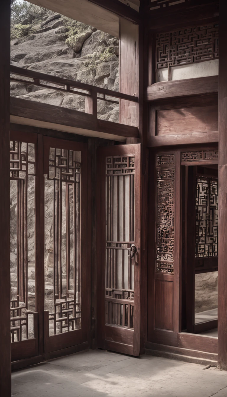 Open doors，Open doors，A big door，In-door perspective，Ancient Chinese doors and windows，In an old Chinese house，The house is empty，Indoor view，Very tall and big door，The windows are brown，Head-up windows