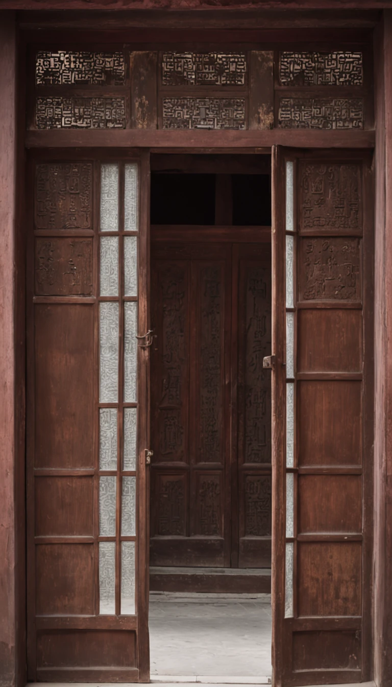 Open doors，Open doors，A big door，In-door perspective，Ancient Chinese doors and windows，In an old Chinese house，The house is empty，Indoor view，Very tall and big door，The windows are brown，Head-up windows
