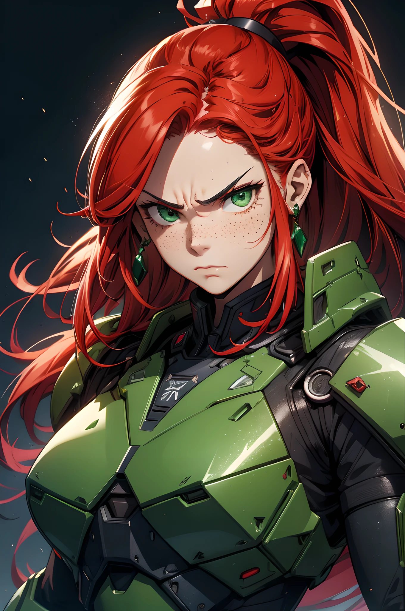 1girl, long red hair gathered in a ponytail, emerald green eyes, freckles on her nose and cheeks, wearing a crymson mechanical combat armor, holding a thick samurai sword in front of her face, high res, ultrasharp, 8K, masterpiece, looking at viewer, with a serious and frowning expression on her face, dark blue background