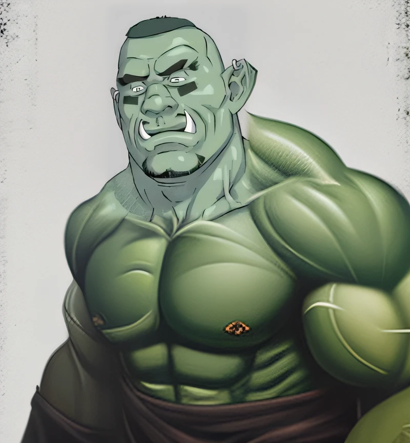 The Hulk wears a green shirt，There is a red frame around it, Orc symbaroum, half - orc, menacing orc, orc themed, orc looking into the camera, Orc symbaroum, portrait of an orc, okeh, Portrait of the Hulk, portrait of an orc, Ogre, arabic orc, an ork, dog - faced muscular goblin, orc warrior, grog strongjaw