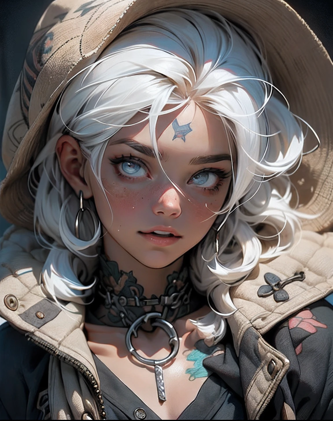 (Best Quality, Masterpiece), Best Quality, High Resolution, Masterpiece, Best Detail, 8k, Realistic, 55mm, Intricate Detail, HDR, Intricate Detail, Ultra Detail, Natural Skin Texture, Surrealism, Sharp, Best Quality, High Resolution, white haired boy, rough hair, (One boy: 1.6), tattoos on body, piercing, rings and chains, zoomed out , dark aesthetic, crazy expressions, bloody clothes, psychopath, dressed in chief clothes, holding a butcher knife in hand, full body photo, wide view, covered in blood, highly detailed psycho expression, creepy smile, highly detailed expression, shiny bright pupils, (Best Quality, 8k, Masterpiece: 1.3), Highly detailed face and skin texture, detailed eyes, sharp jawline, add to its charm.