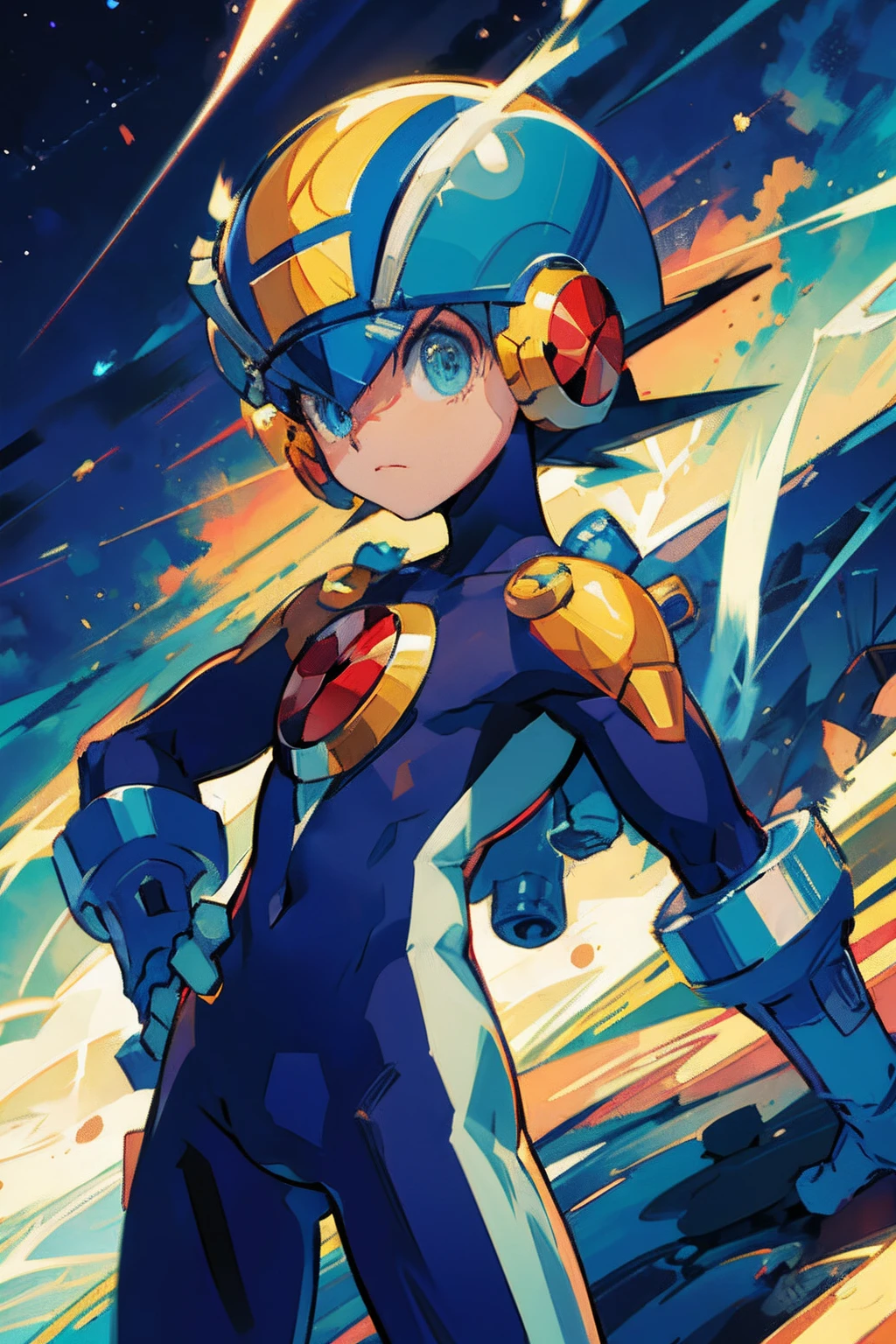 megaman, 1boy,(Small crotch bulge)+++,cowboy shot,fighting pose,