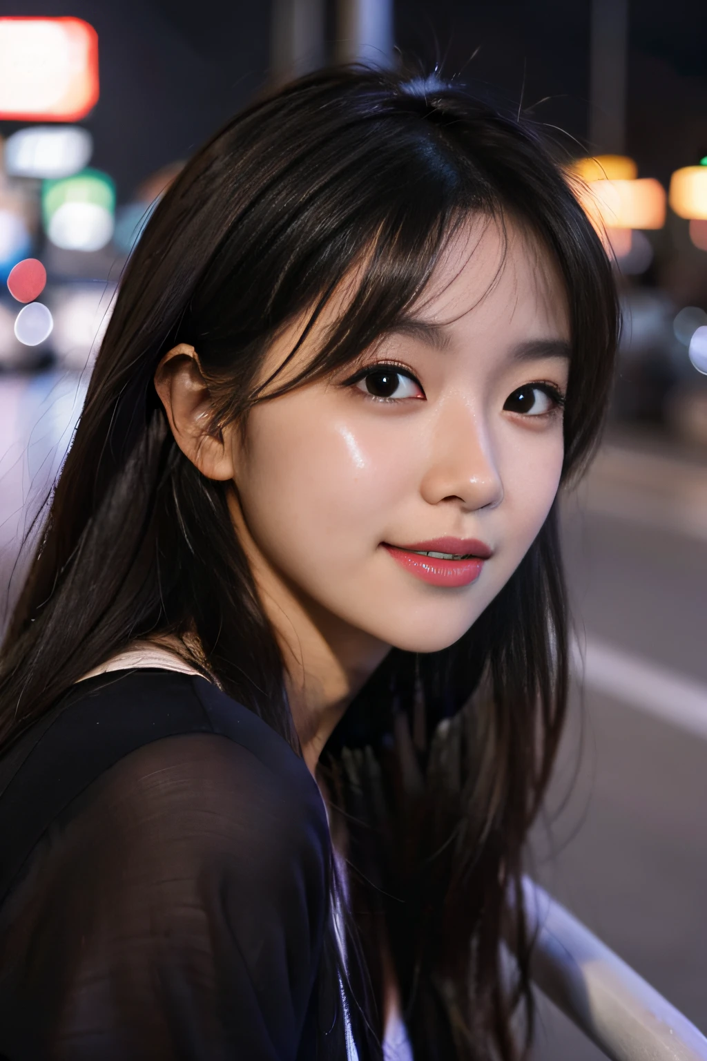 Photo taken from afar of the whole body of a pretty woman。Wearing a dull jersey。Wearing a jersey of pants and shabby pants。Hair is black。cheeks are slightly pink。Transparent skin。A smile that makes you feel innocent。 Her eyes with、Illuminated by soft light。A smile。Laughing。narrow her eyes。Her skin is shiny and shiny、Glossy、Glossy、Glossy、Glossy、Bring out the beauty of the city at night。Loose and long hairstyle、Hair swaying in the wind makes her charm even more pronounced.。(makeups:0.4)、(fluffy black eyes:1.21)、Black eyes、look up sky。dark brown hair、Social media and profile pages、Park Gyu-young, female actress from korea, Cute Korean Actress。top-quality、masterpiece、extremely delicate and beautiful、ighly detailed、8k wallpaper、astonishing、finely detail、huge filesize、ighly detailed、hight resolution、extremely detailed eye and face、 Stunning detailed eyes、Facial light、(The best illustrations:1.1)、超A high resolution、(Photorealsitic:1.1)、(Photorealistic 1.2:1.1)、Realistic facial proportions、Slimed、A smile、(Irregular irregular skin defects、vein、Wrinkled pores on the skin:1.2)、Skyscraper background。