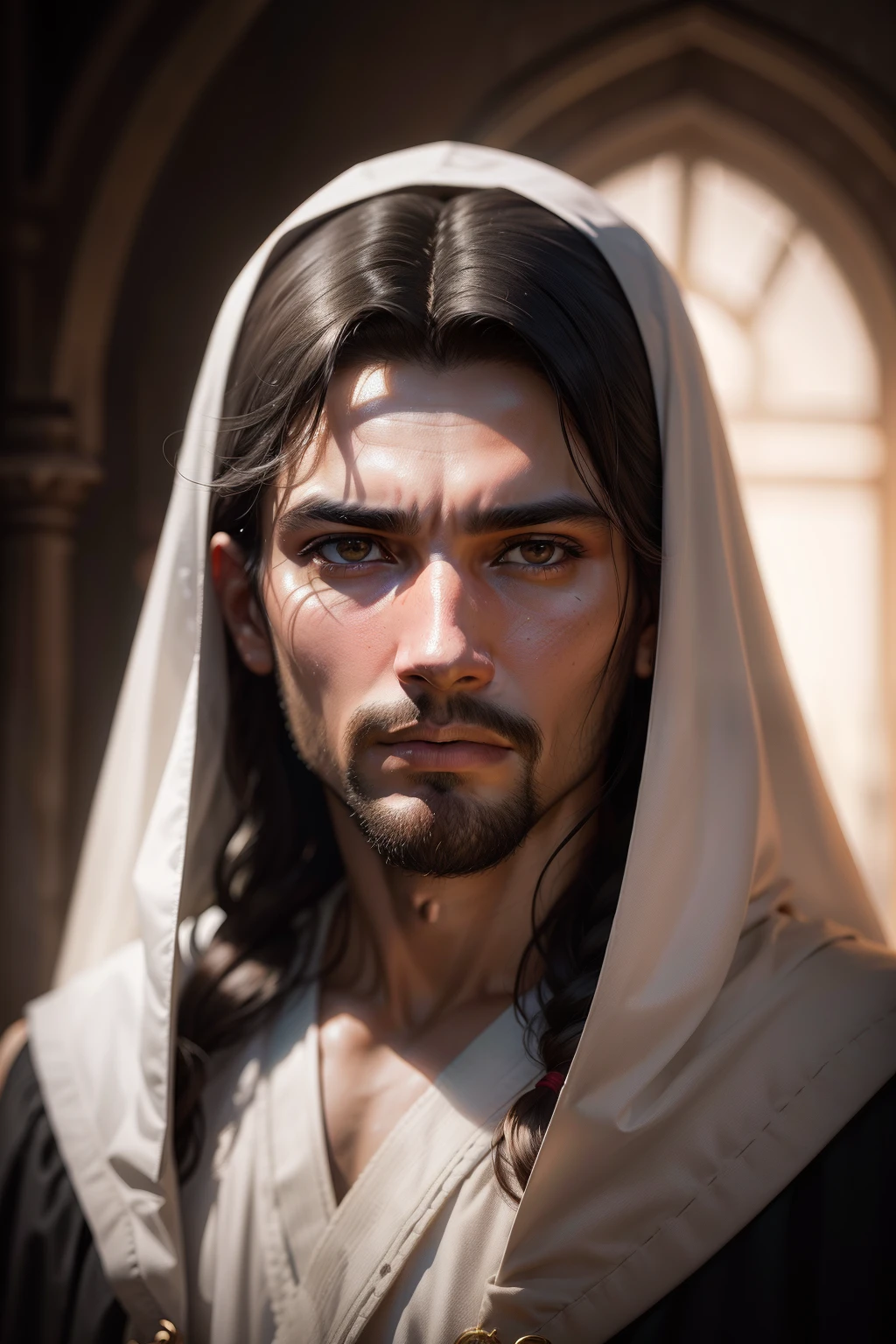 retrato de Jesus Cristo orando, sharp facial features, cinemactic, Lente 35mm, F/1.8, Highlight lighting, global lighting –uplight –v 4