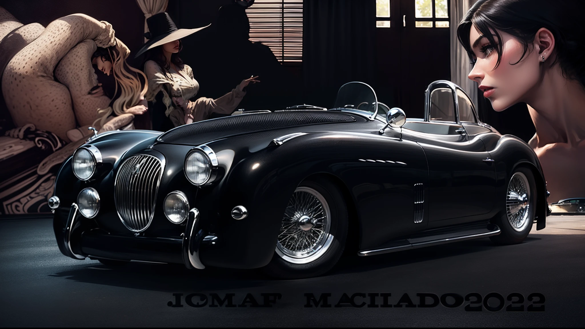 A sleek black 1958 Jaguar convertible in the foreground, close-up beautiful people behind and in front of windows with blinds in the background