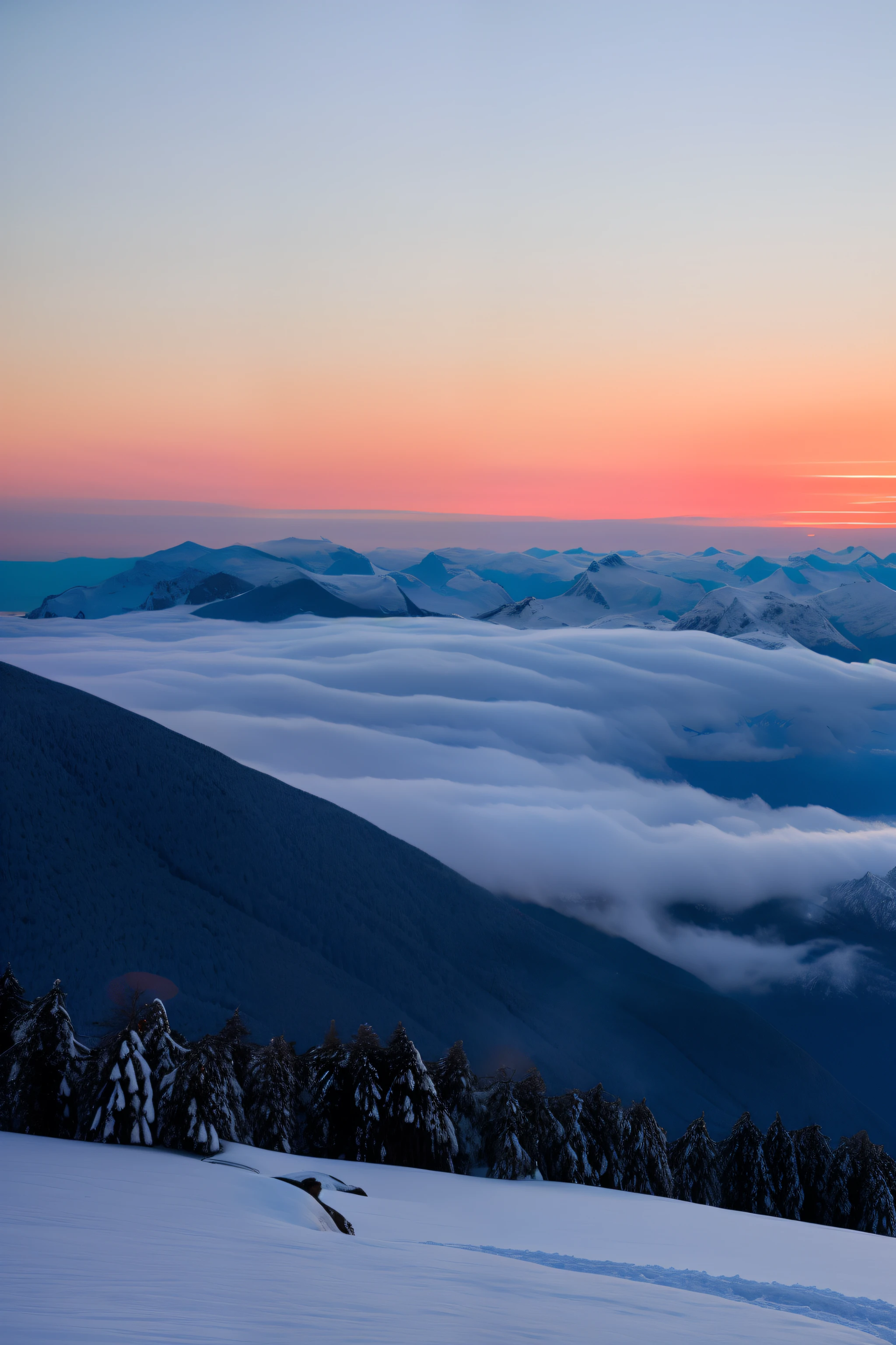 Coucher de soleil, neige, montagnes, mer de nuages