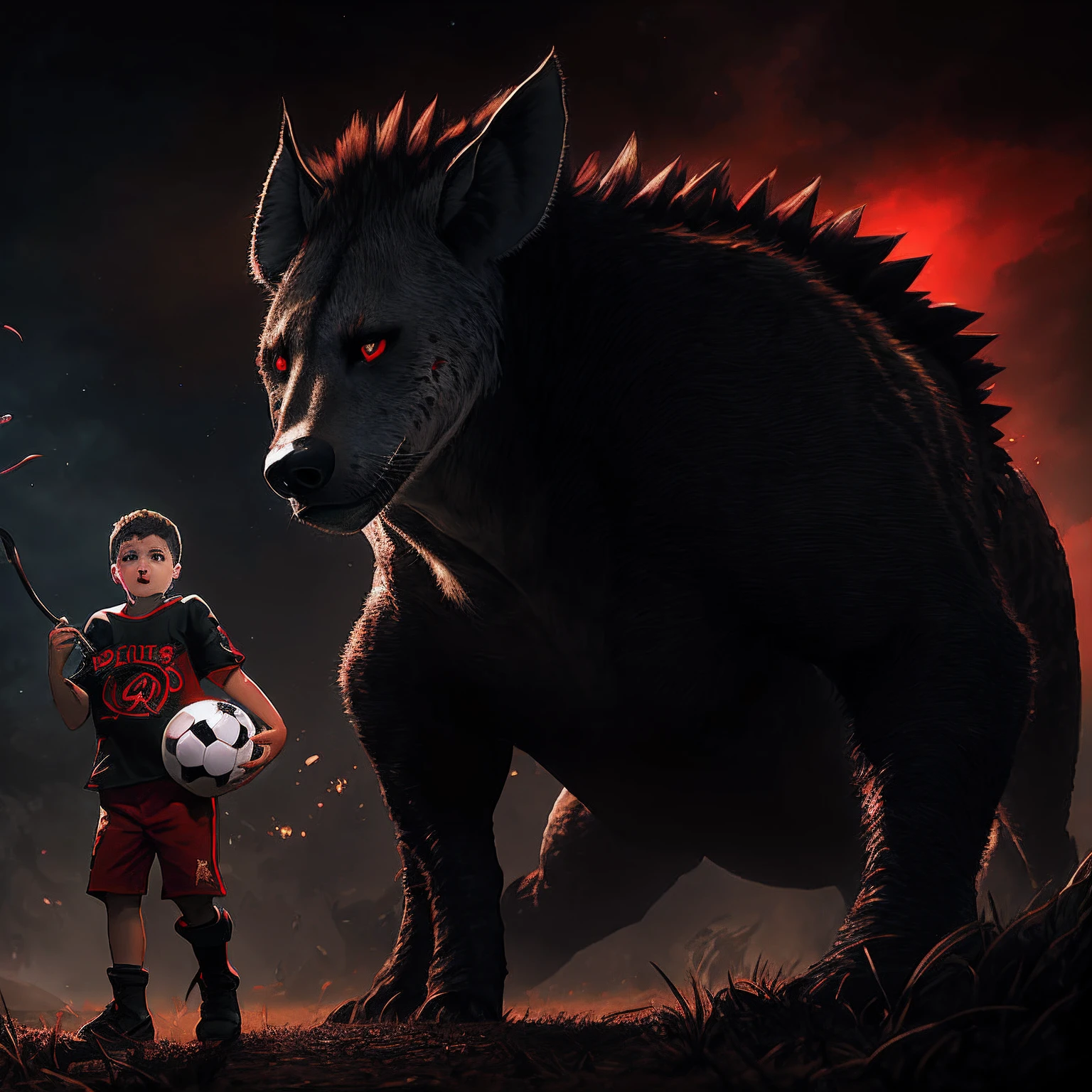 Existe uma jaula, Dentro da jaula existe um monstro, The monster is red with black eyes and absolutely fierce , dentes vermelhos de sangue , The monster is a hyena , Fora da jaula um garoto preto olhando para o monstro , cheio de entusiasmo esperando o monstro se soltar. The boy is holding a soccer ball and has a red shirt with white stripes, The boy also wears shorts and a football boot.