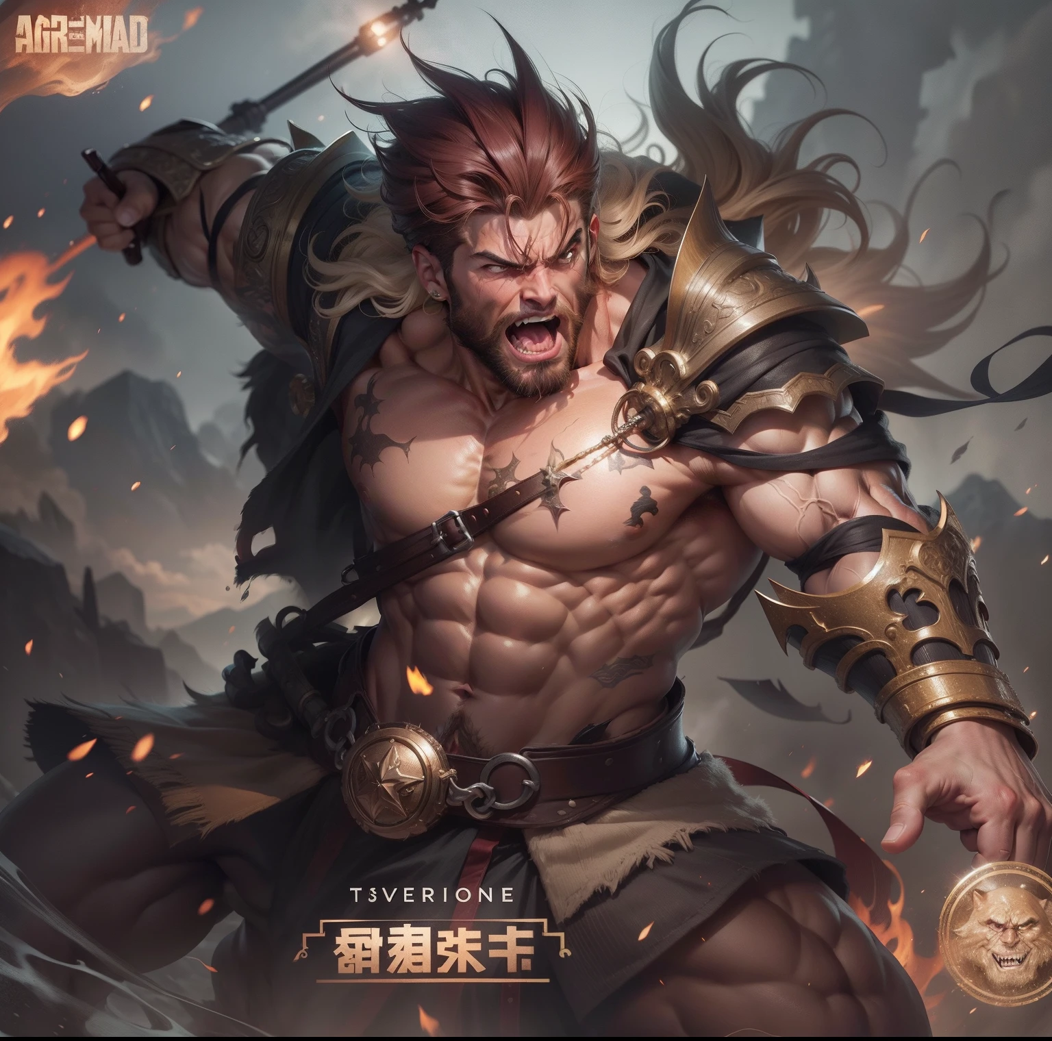 A muscular naked man with a fierce face and a toothy mouth