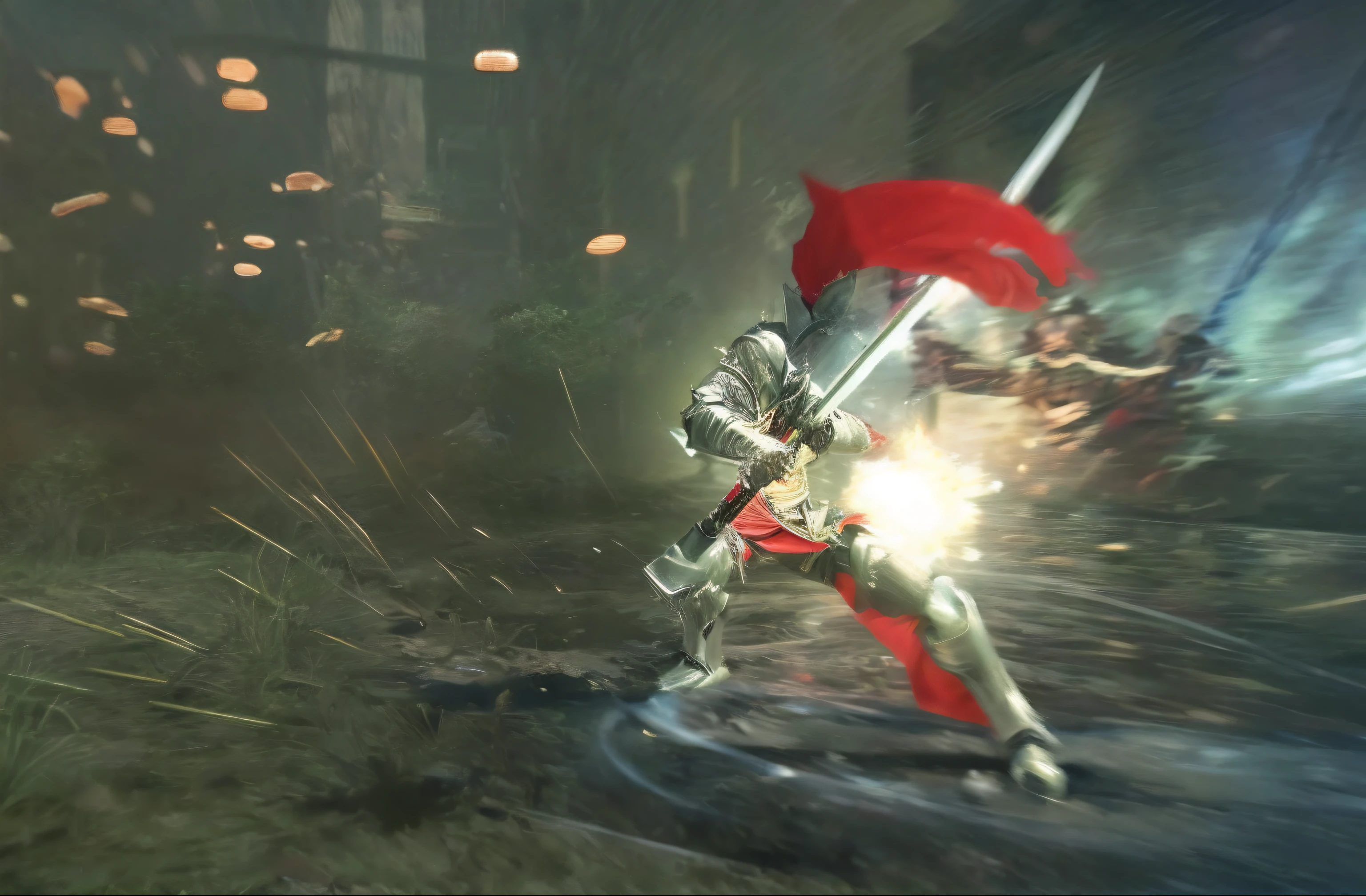 In the video game, there is an armored warrior with a double wielding sword， nier, nier autoamata, ps 3 screenshot, Neil 2 B, hd screenshot, video game screenshot>, Very epic, action scene screenshot, video game screenshot, wielding a keris sword, Game CG, epic shot, fantastic screenshot art, pc screenshot, videogame screenshot, gameplay still，Legend of Rocky Heroes，Holy Knight，Double Sword Lista