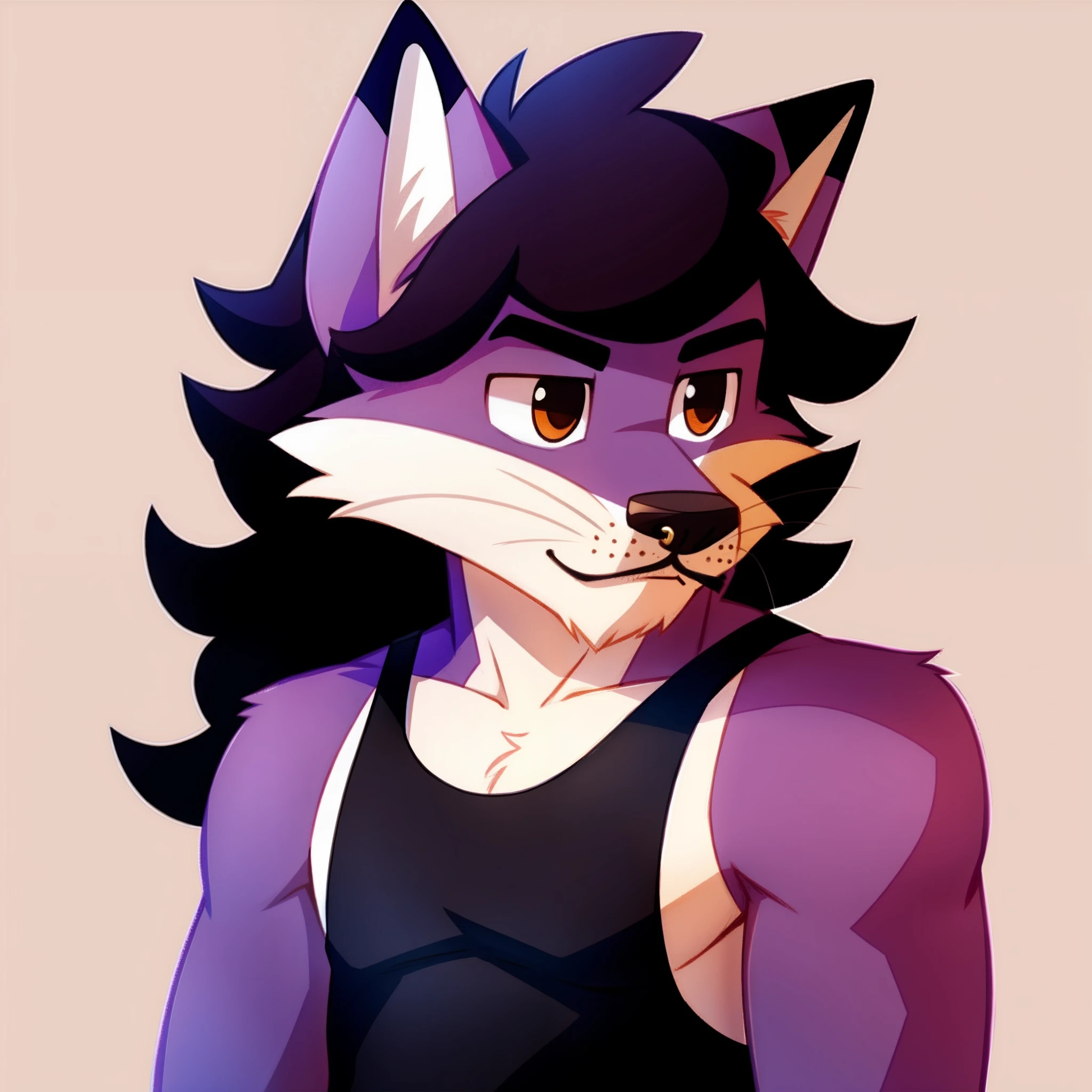 furry purple fox, Shoulder length curly hair, black tank top, small mustache, small beard, right nose piercing