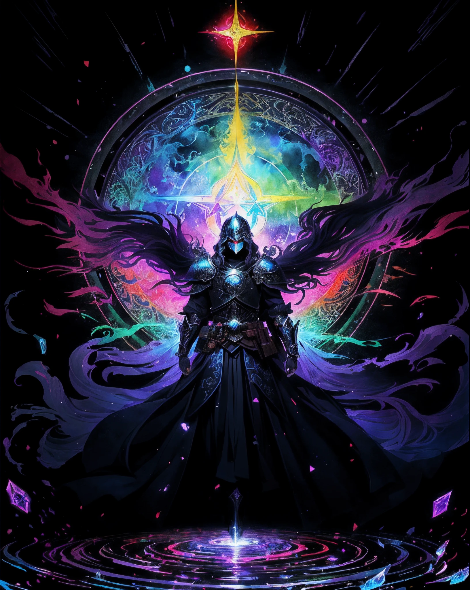 Manhwa Style,Masterpiece,Background dark black tones,8K,Knight's helmet,Colorful colors,Colorful picture,Set against the background of a circular magic array,runic,Pisif,rich details,high detailed official artwork, Epic fantasy style, aquarelle,colorful concept art, painted in the style arcane,water ripple