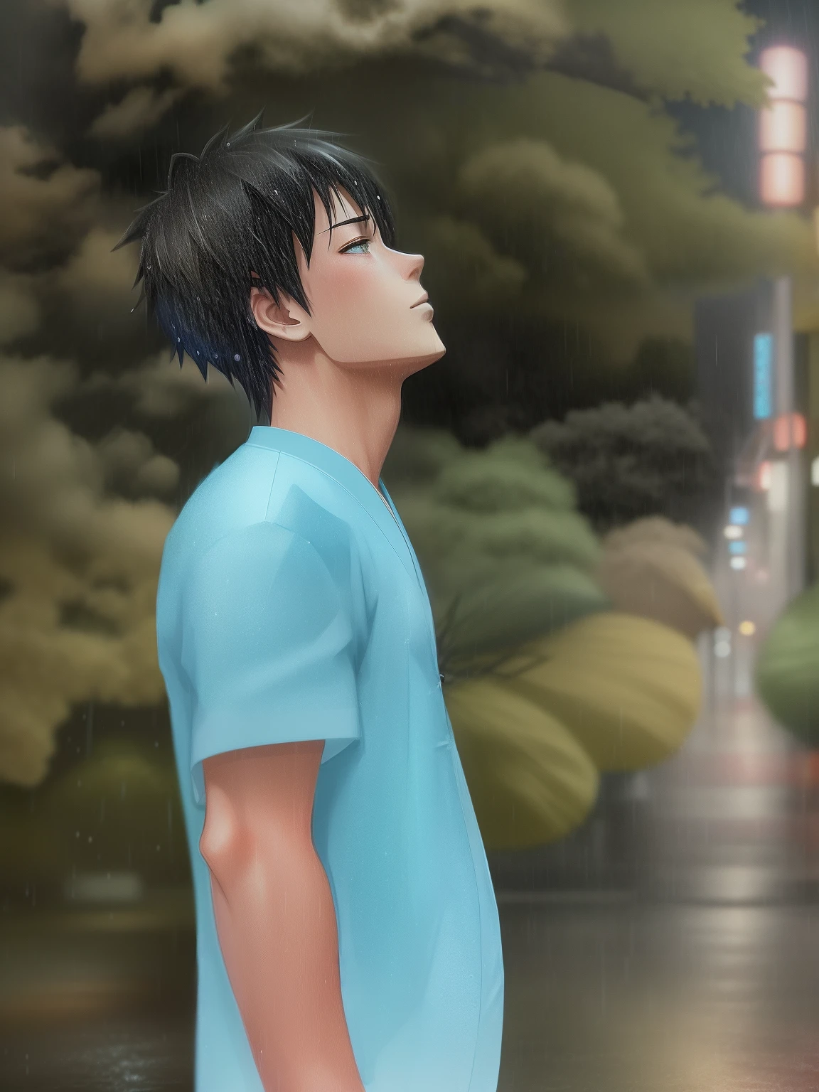 Anime style,Japan anime cartoon effects,night background,rainy day,lights in background,masterpiece,ultra realistic, ultra hd ,4k quality