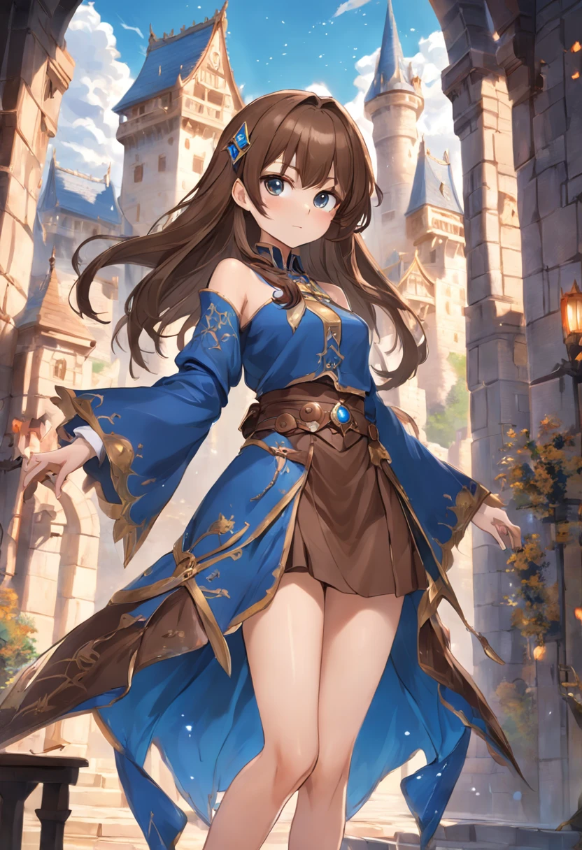 Brown hair long,Western fantasy,magia,Castle fantasy,Blue and brown clothes,Good-looking legs,Ultra photo realsisim, Castle,hair adornments