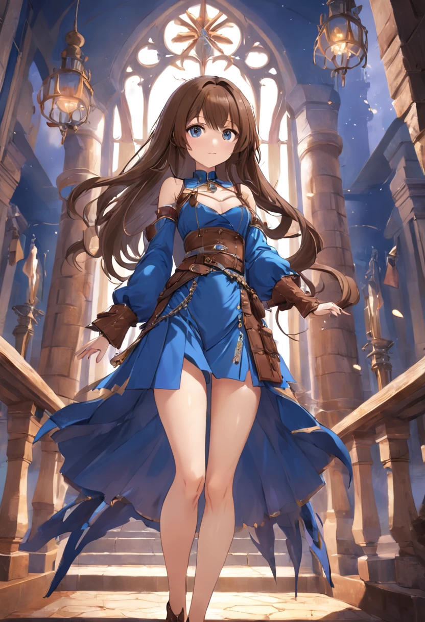 Brown hair long,Western fantasy,magia,Castle fantasy,Blue and brown clothes,Good-looking legs,Ultra photo realsisim, Castle,hair adornments
