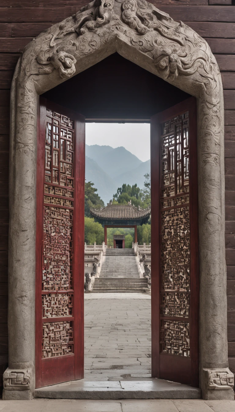 Open doors，Open doors，A big door，Indoor view，Ancient Chinese palaces，In an ancient Chinese palace，The palace is empty，Indoor view，Very high，The gate is huge，The door is brown，Head-up window，Magnificent palace，The door is six meters high