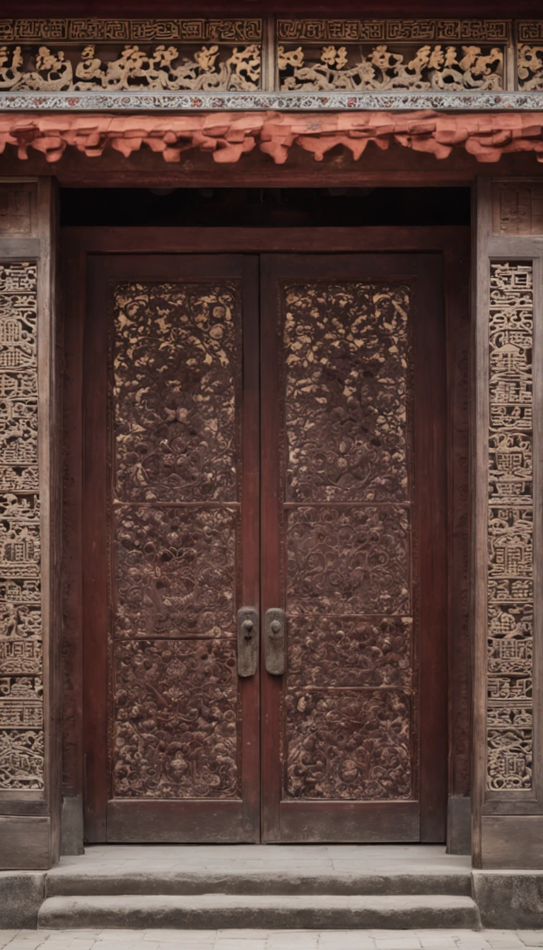 Open doors,Open doors,A big door,Indoor view,Ancient Chinese palaces,In an ancient Chinese palace,The palace is empty,Indoor view,Very high,The gate is huge,The door is brown,Head-up window,Magnificent palace,The door is six meters high