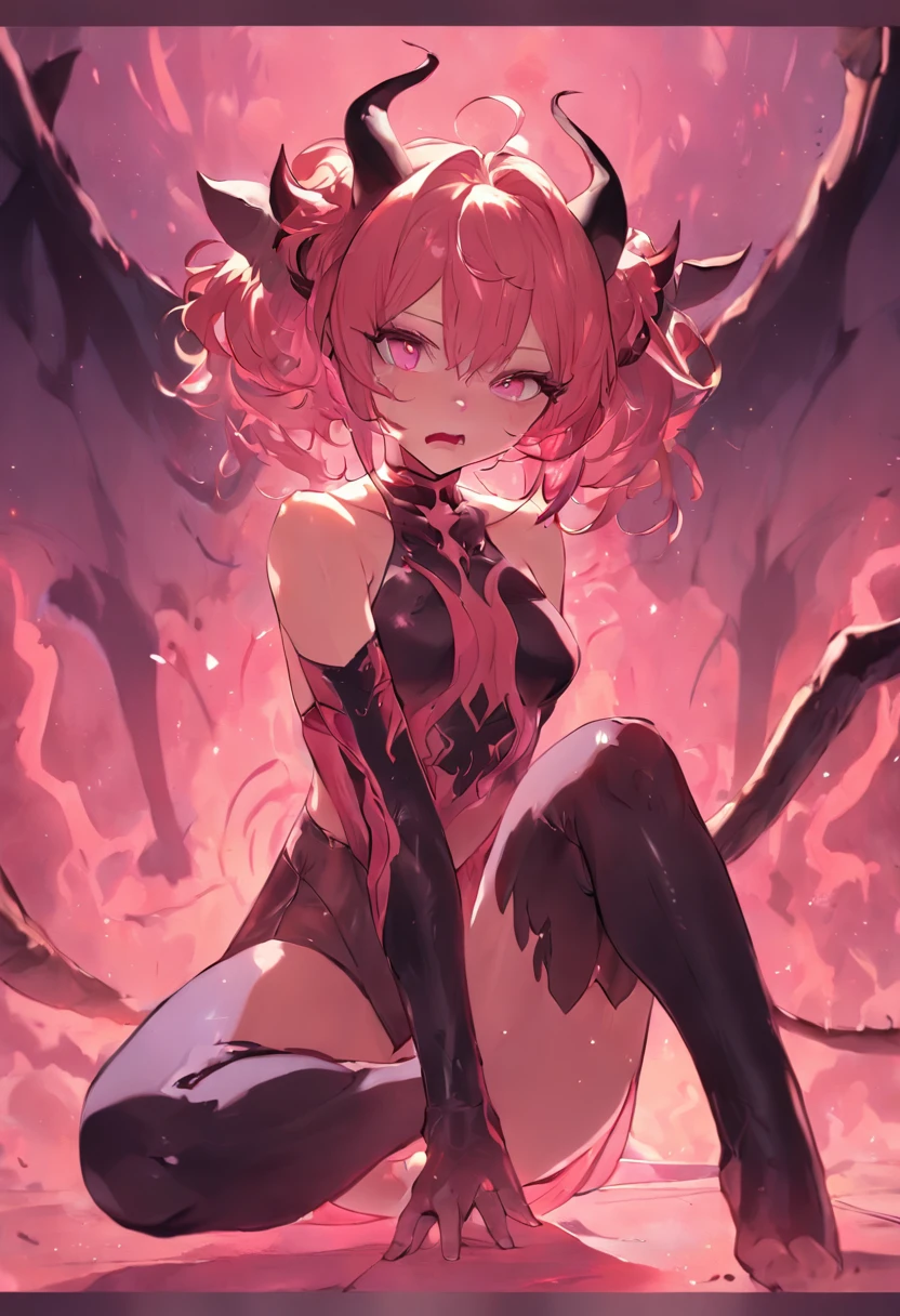1 succubus, pink skin, tattoo above crotch, sitting with legs apart, on the ground, (touches crotch:1.1), stockings, (demonic horns:1.2), street, sunset, masterpiece, best quality, camel finger, naked, erotic, facing the viewer