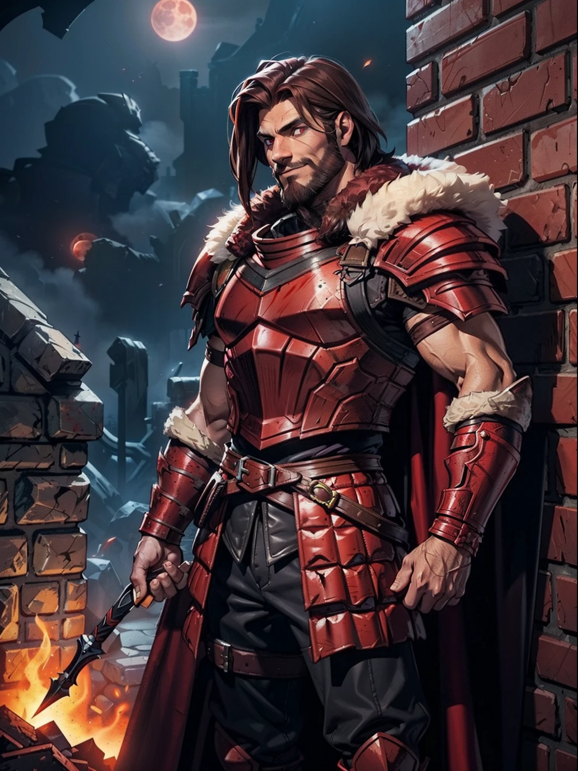 Dark night blood moon background, Darkest Dungeon style, standing by the wall. Todd Smith as Ares from Xena, athlete, short mane hair, mullet, defined face, detailed eyes, short beard, glowing red eyes, brown hair, wily smile, badass, dangerous. Wearing full red armor with scales, cape of furs.