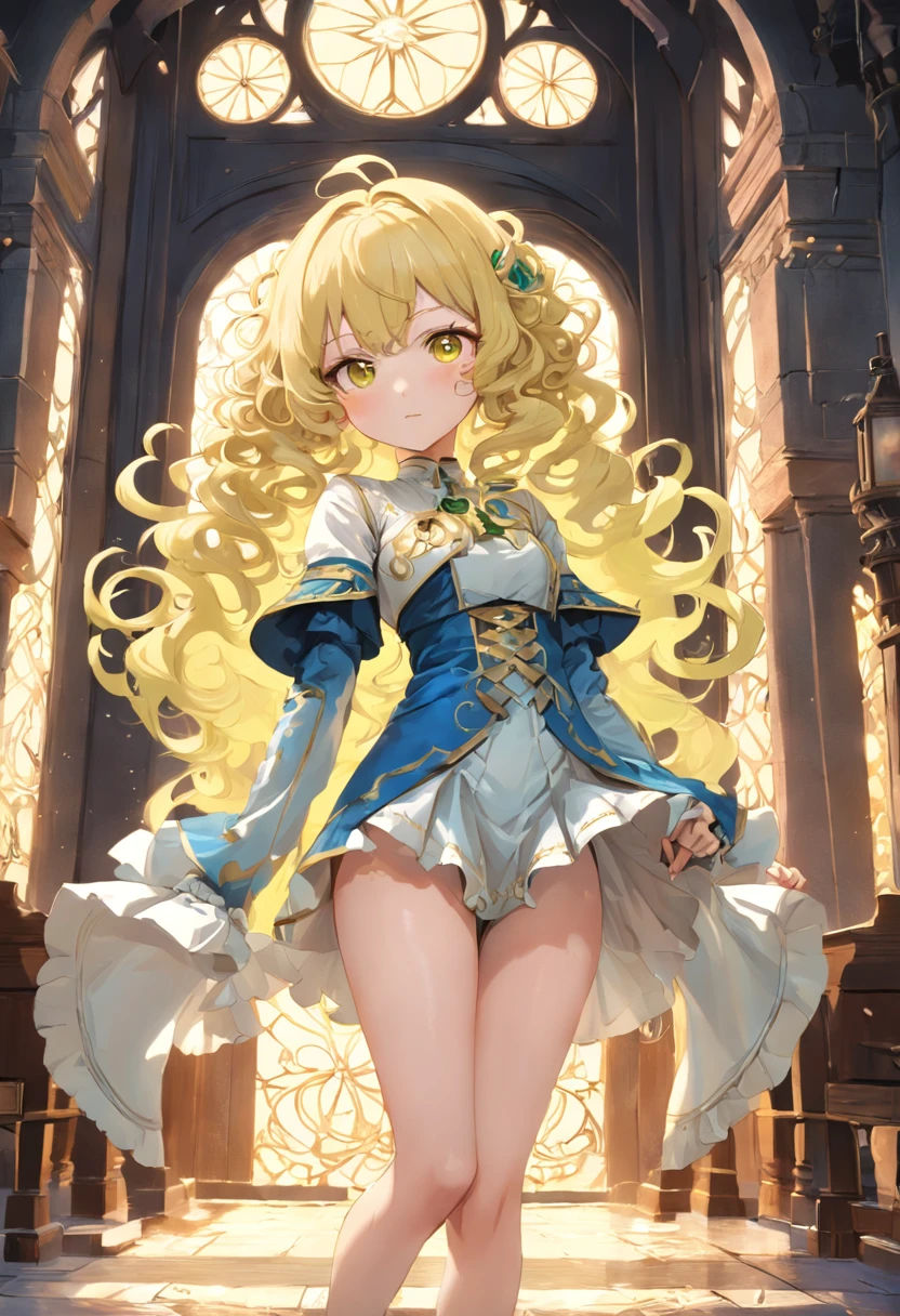 Light yellow curls，Green eyes，Western fantasy，magia，Castle fantasy，Blue and white clothes，Good-looking legs，Ultra photo realsisim, Castle，hair adornments