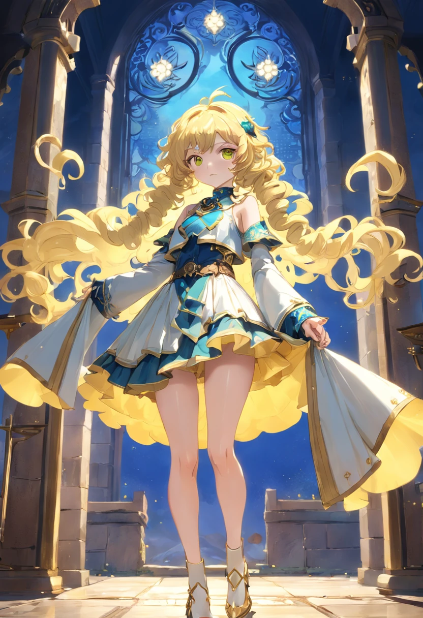 Light yellow curls，Green eyes，Western fantasy，magia，Castle fantasy，Blue and white clothes，Good-looking legs，Ultra photo realsisim, Castle，hair adornments