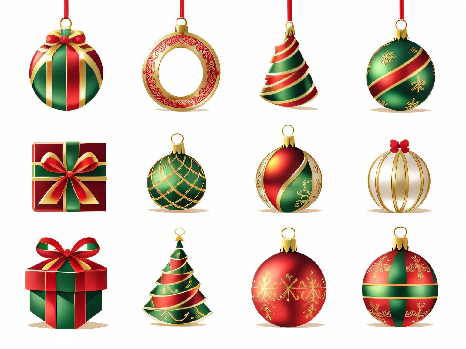 De color oro y plata, Christmas decoration illustrations,  in multiple poses and expressions on a white background. Adorable and fun Christmas illustration style, transmitting joy and fun.