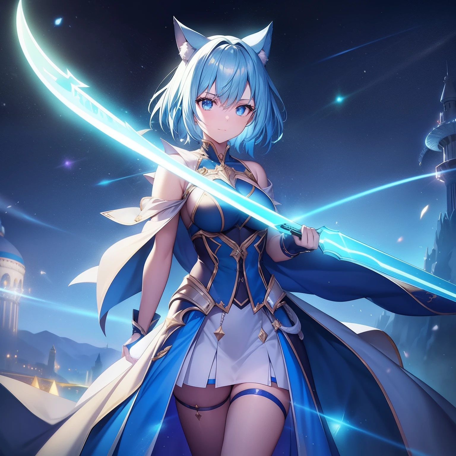 Cat's ears,hair is green and short,Goggles shine on her head,Her skin is pale, A blade of light enveloped me like a snake in interstellar wind,Unleash the Blade of Light,She laughs with a bullish look, Highest Quality, Carry a blue cloak with war maiden decorations,Raise the rainbow sword of the brave, ((Provocative))((afford)), 8 Blue Light Sword,Blade of Light,Lens Flare, Big rainbow,The moon shines,Star chips, bloom, ((light glow)), chromatic abberation], Digital Painting, Insane details, Intricate details, Beautifully color graded, Unreal Engine, Cinematic , colour grading, Editorial Photography , Photography, Photo Shot, Shot on 70mm lens, depth of fields, degrees of freedom, Tilt Blur, Shutter Speed 1/1000, h/22