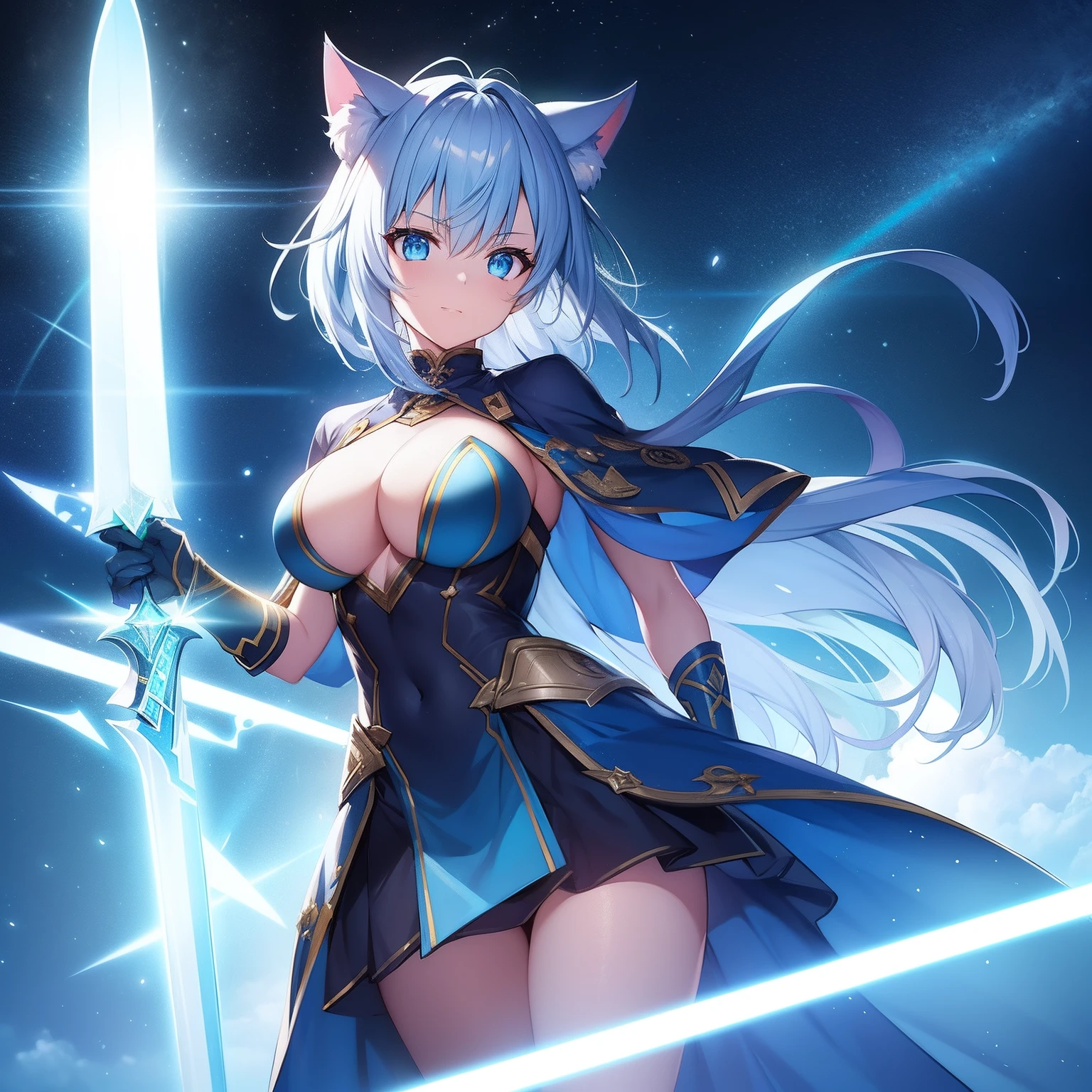 Cat's ears,hair is green and short,Goggles shine on her head,Her skin is pale, A blade of light enveloped me like a snake in interstellar wind,Unleash the Blade of Light,She laughs with a bullish look, Highest Quality, Carry a blue cloak with war maiden decorations,Raise the rainbow sword of the brave, ((Provocative))((afford)), 8 Blue Light Sword,Blade of Light,Lens Flare, Big rainbow,The moon shines,Star chips, bloom, ((light glow)), chromatic abberation], Digital Painting, Insane details, Intricate details, Beautifully color graded, Unreal Engine, Cinematic , colour grading, Editorial Photography , Photography, Photo Shot, Shot on 70mm lens, depth of fields, degrees of freedom, Tilt Blur, Shutter Speed 1/1000, h/22