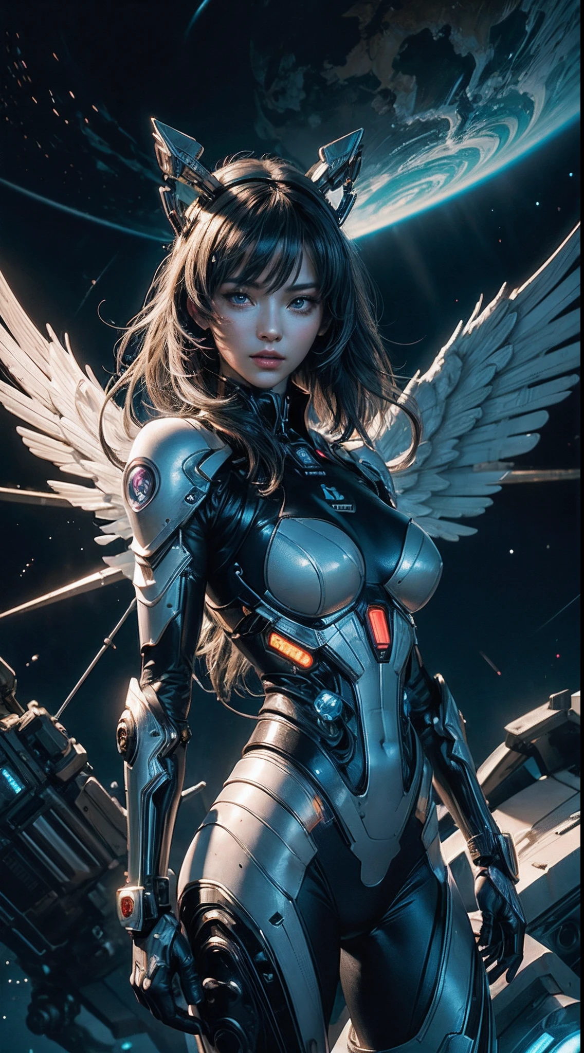 (best quality:1.6), (masterpiece:1.4), intricate detailed, (cute gorgeus luxurious 20 years old korea girl:1.3), (1girl:1.3), (detailed sky:1.2), (wearing white latex bodysuit:1.3), angel, agelwings, (cybernetic halo:1.3), (small head:1.4), (large breast:1.2), detailed eyes detailed pupils multiple eyes,