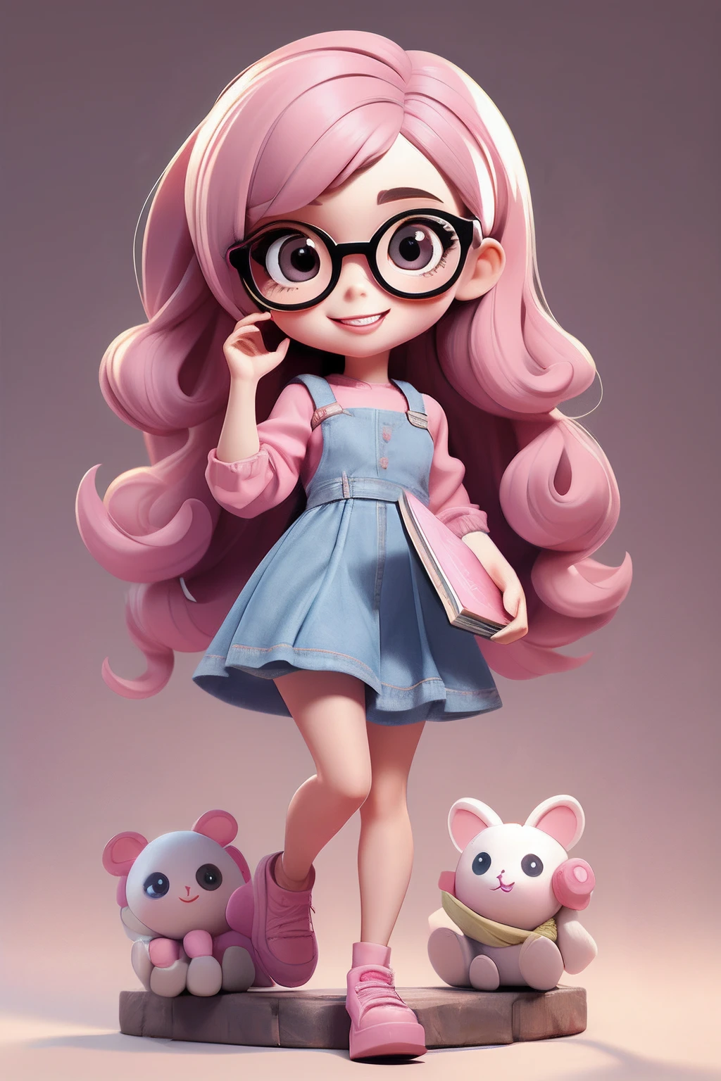 chibi style, jeans, medium loose hair, cute, smile, Girl holding a book while wearing glasses, full body to the feet, in pink doll-style dress, 3dm style, Look at Viewer,