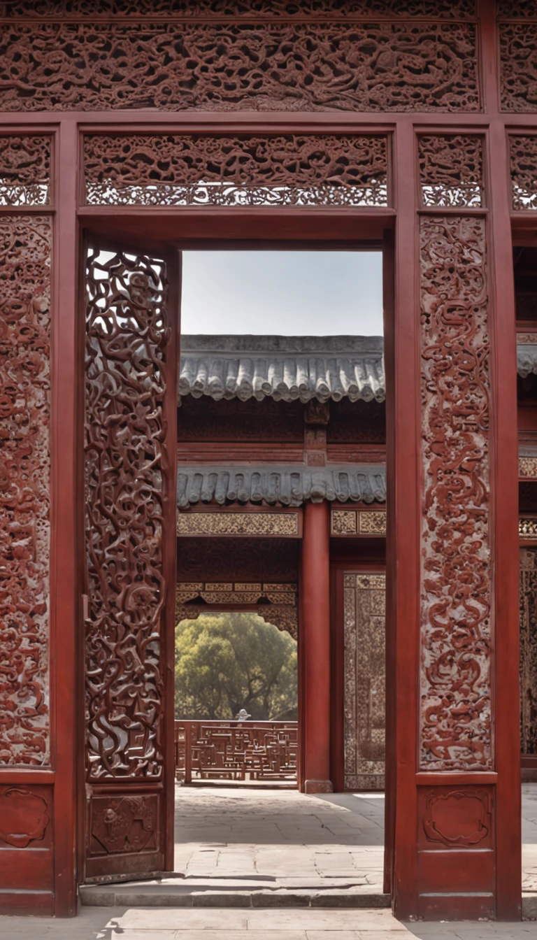 (((Open doors)))Open doors,A big door,Indoor view,Ancient Chinese palaces,In an ancient Chinese palace,The palace is empty,Indoor view,Very high,The gate is huge,The door is brown,Heads-up view,Magnificent palace,The door is six meters high,((There is no styling on the door)),((Glass doors without molding))