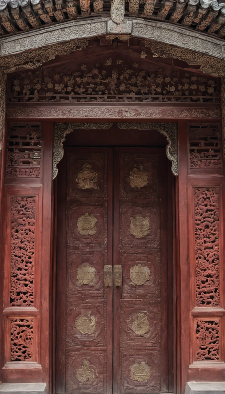 （（（Open doors）））Open doors，A big door，Indoor view，Ancient Chinese palaces，In an ancient Chinese palace，The palace is empty，Indoor view，Very high，The gate is huge，The door is brown，Heads-up view，Magnificent palace，The door is six meters high，（（There is no styling on the door）），（（Glass doors without molding））