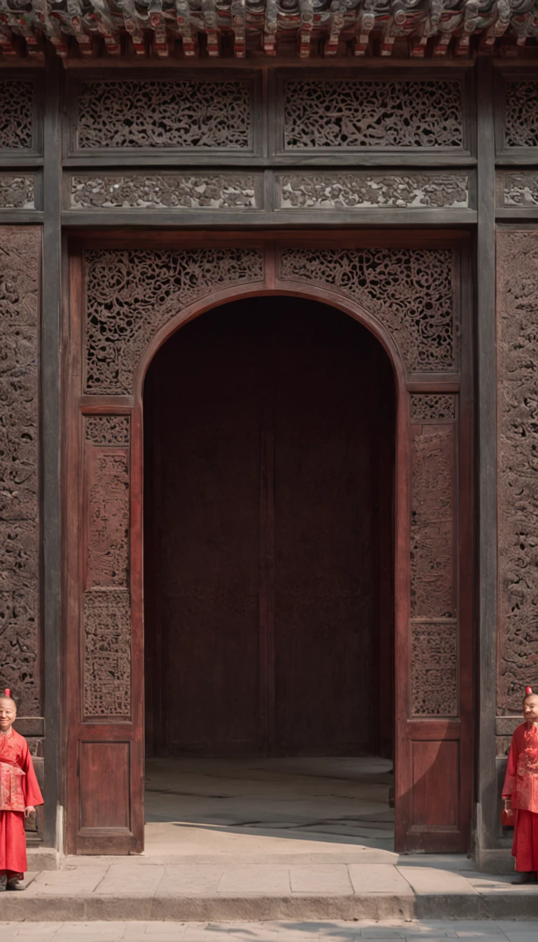 (((Open doors)))Open doors,A big door,Indoor view,Ancient Chinese palaces,In an ancient Chinese palace,The palace is empty,Indoor view,Very high,The gate is huge,The door is brown,Heads-up view,Magnificent palace,The door is six meters high,((There is no styling on the door)),((Glass doors without molding))
